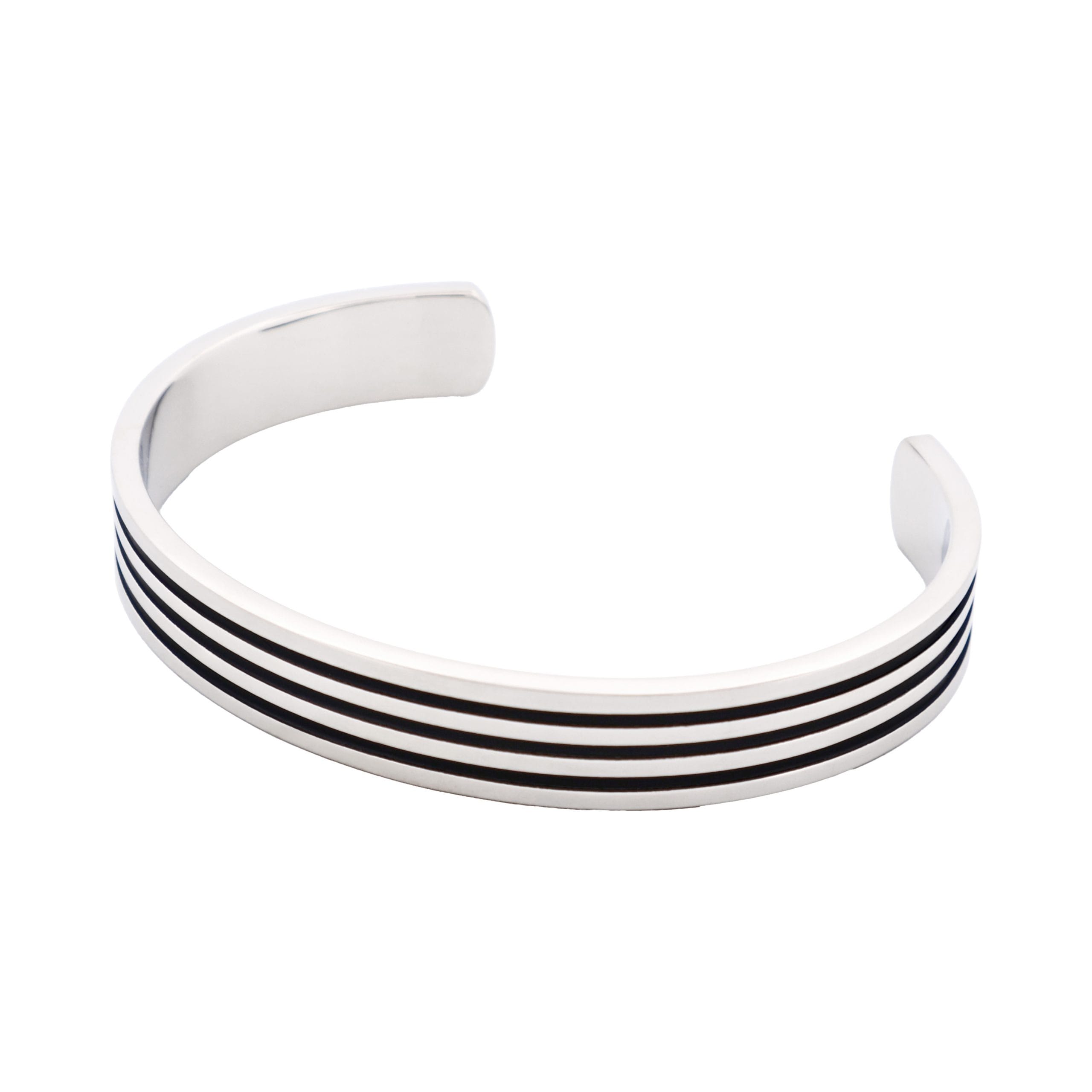 Brushed and Polished Stainless Steel Cuff/Bangle + Ion Plated Black StrIpes