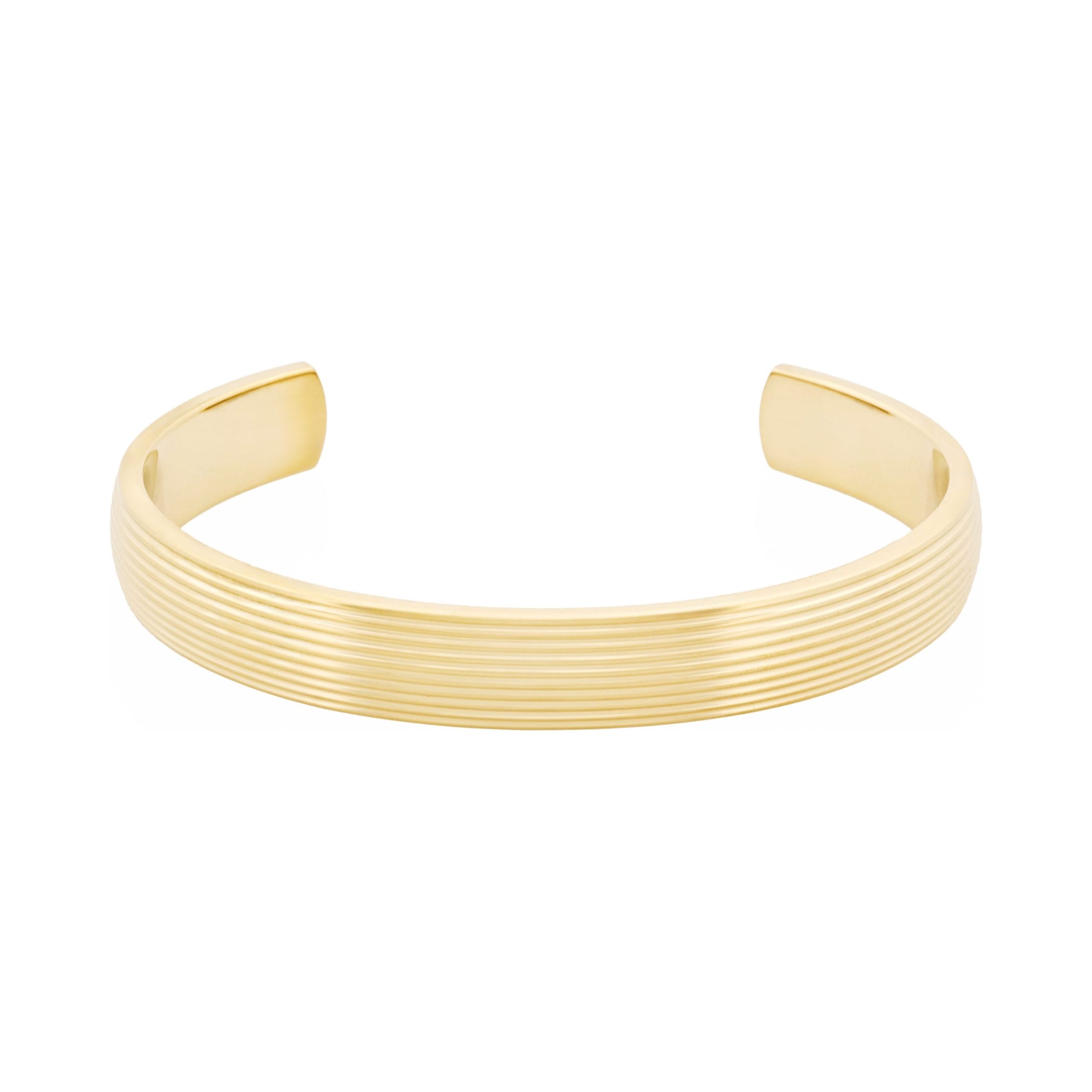 Ion Plated 14k Gold Polished Stainless Steel Cuff Bangle with stripes.