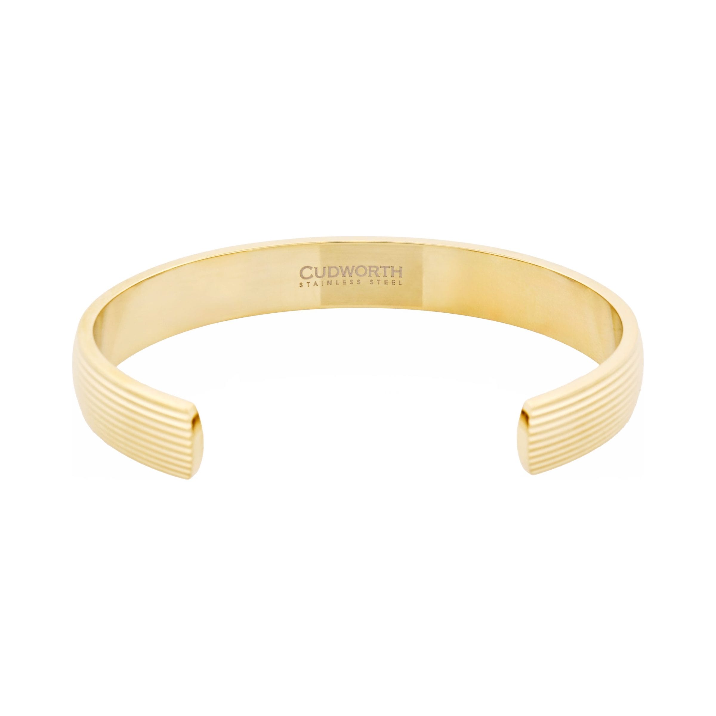 Ion Plated 14k Gold Polished Stainless Steel Cuff Bangle with stripes.