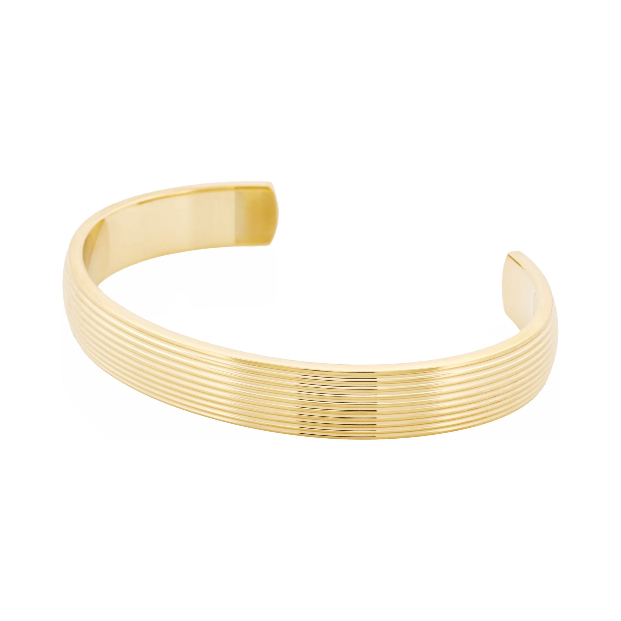 Ion Plated 14k Gold Polished Stainless Steel Cuff Bangle with stripes.