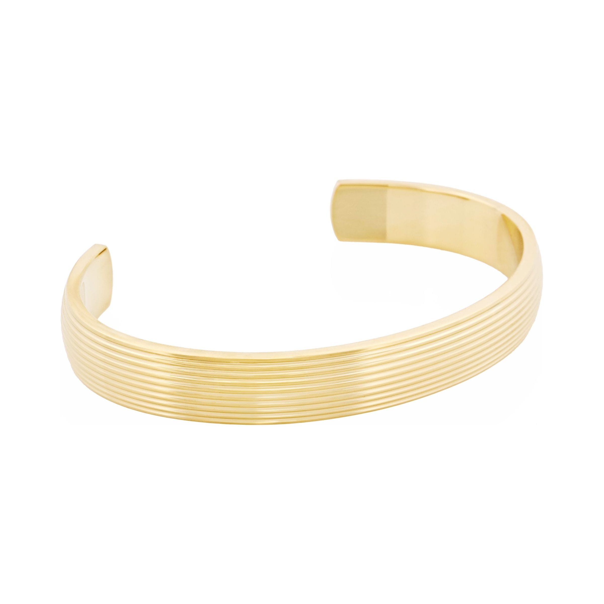Ion Plated 14k Gold Polished Stainless Steel Cuff Bangle with stripes.