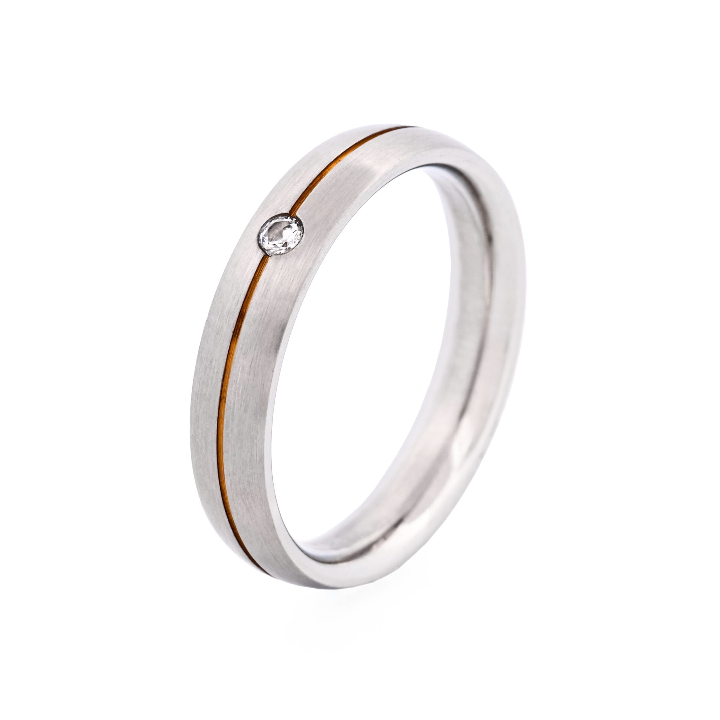 Slim Brushed Stainless Steel with Ion Plated Gold Stripe and Cubic Zirconia Ring