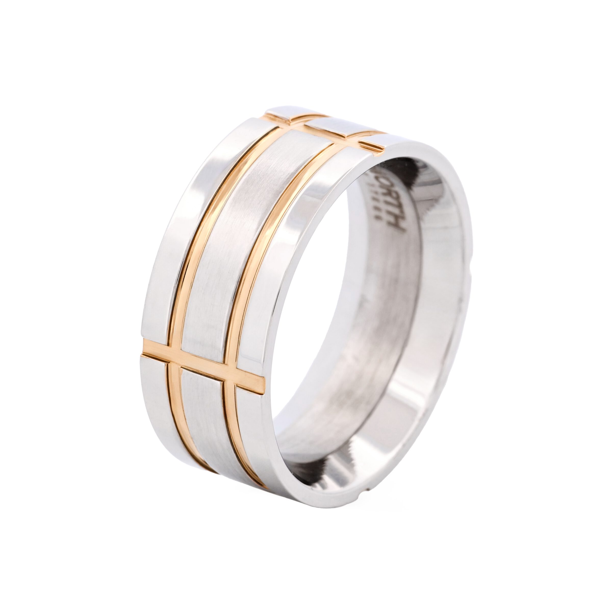 Brushed Stainless Steel & Ion Plated Yellow Gold Indented Grid Ring