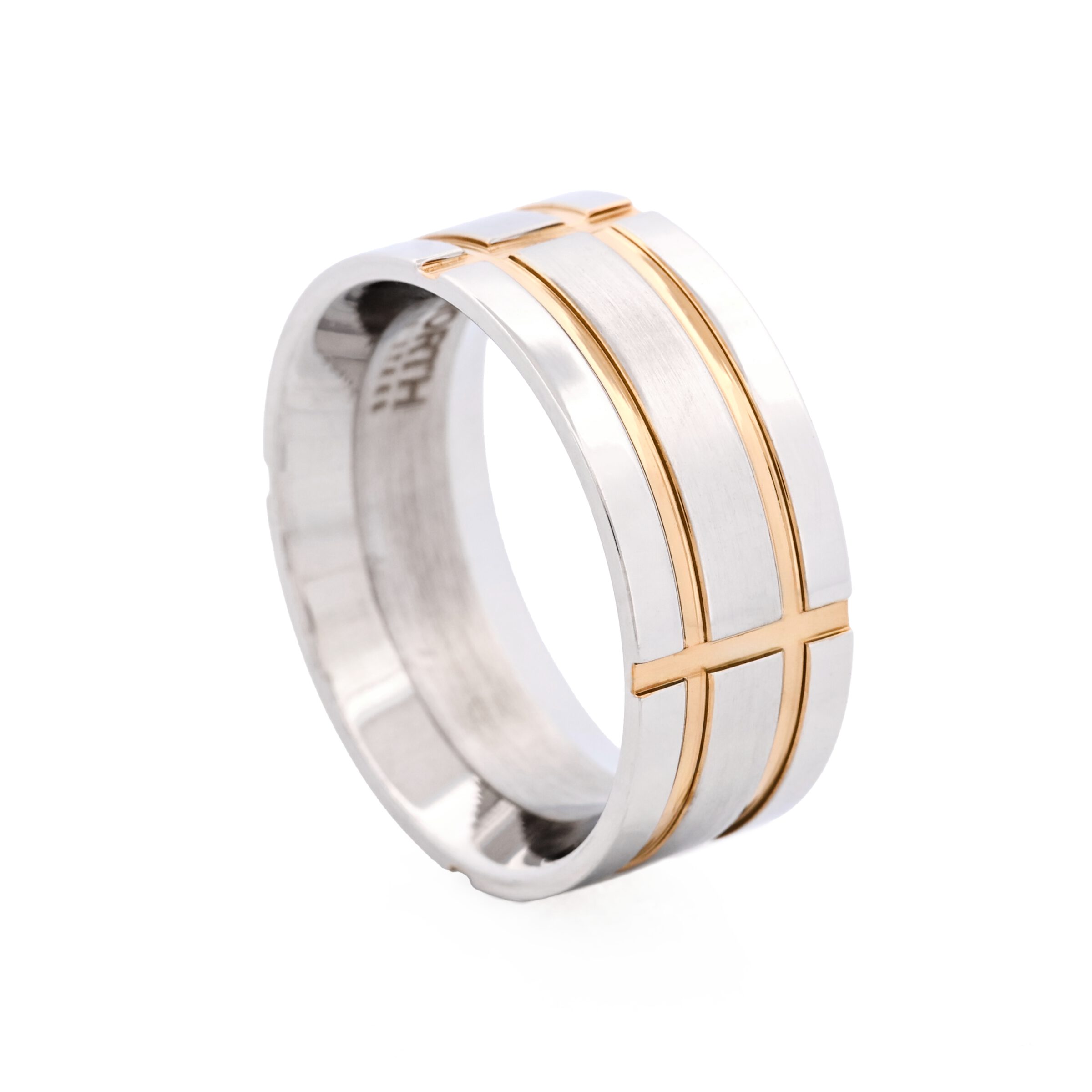 Brushed Stainless Steel & Ion Plated Yellow Gold Indented Grid Ring