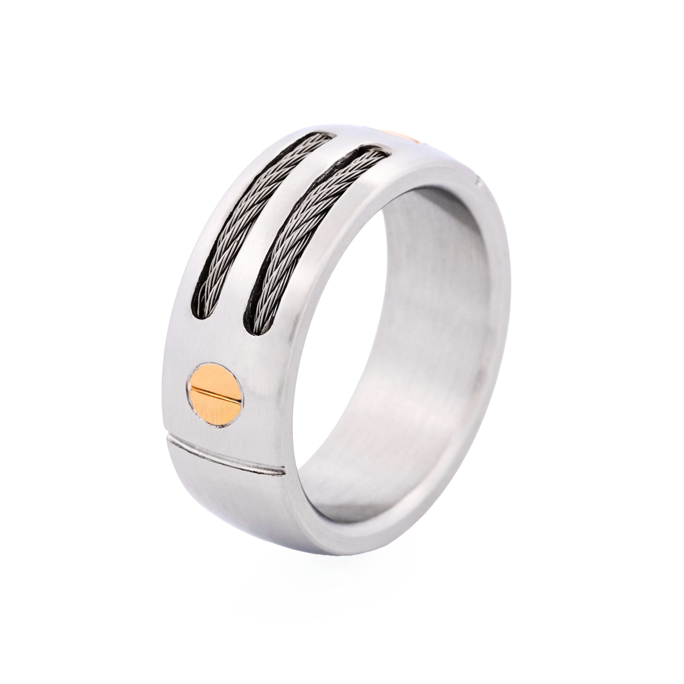 Brushed Stainless Steel with Cable Wire and Gold Screws Ring