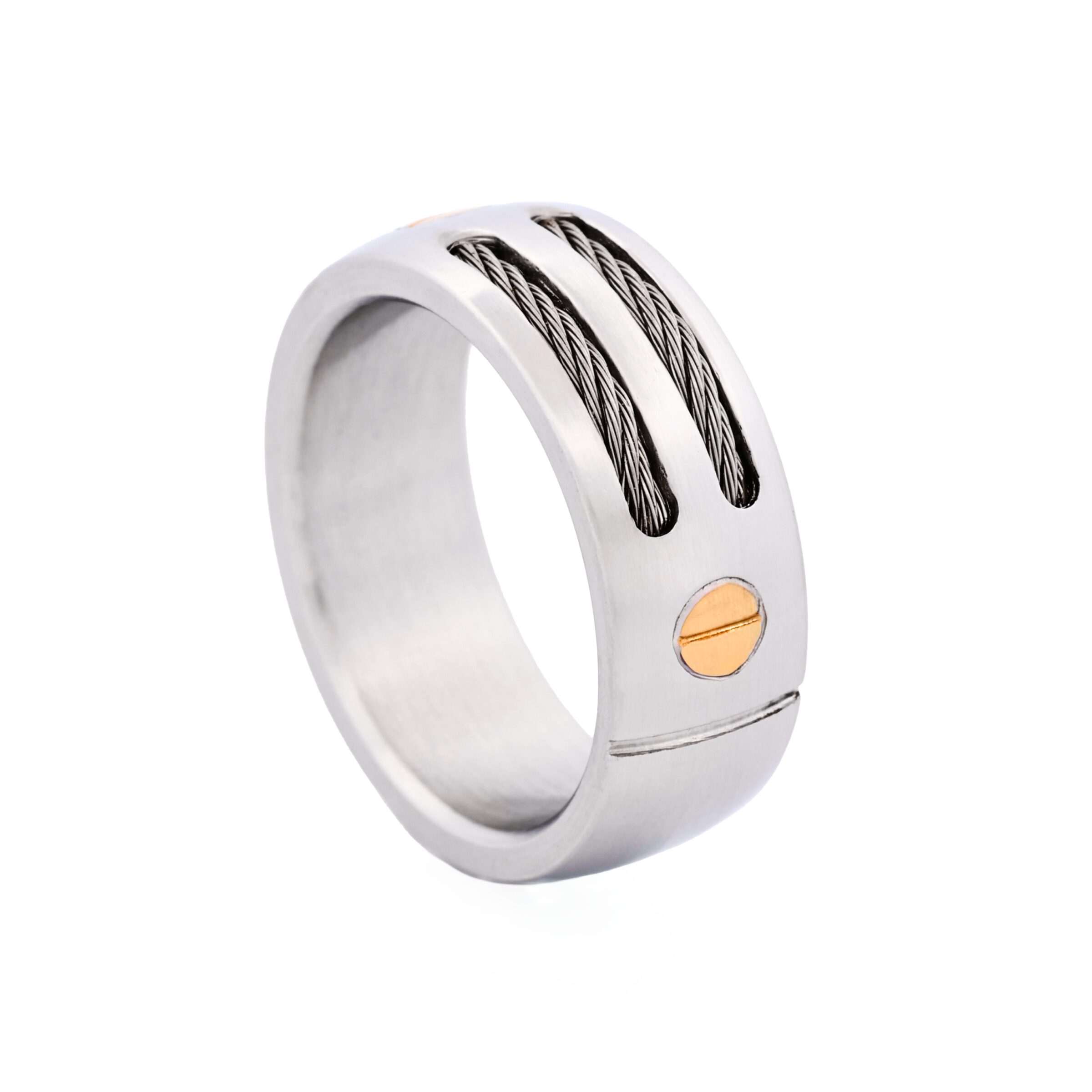 Brushed Stainless Steel with Cable Wire and Gold Screws Ring