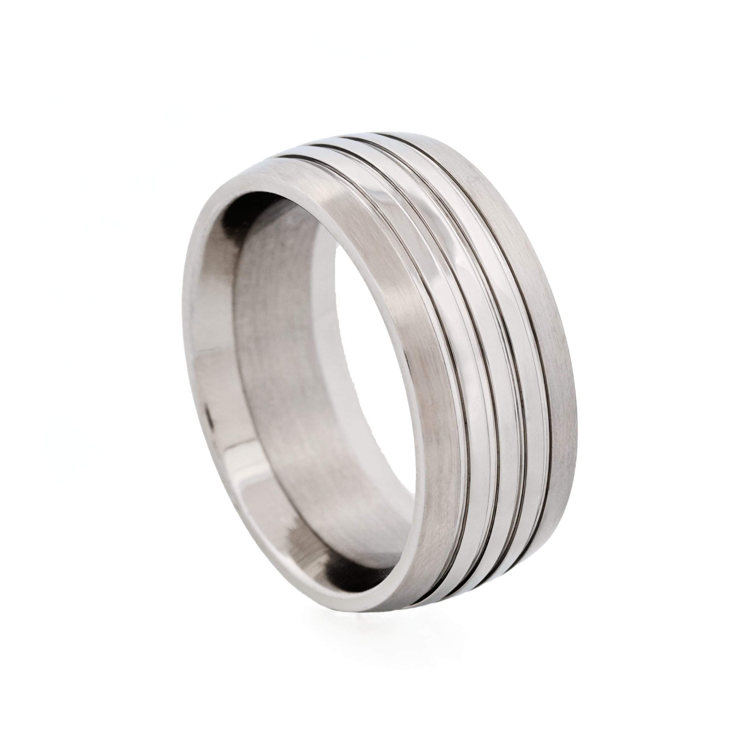 Brushed Stainless Steel Ring with Polished Triple Centre Band