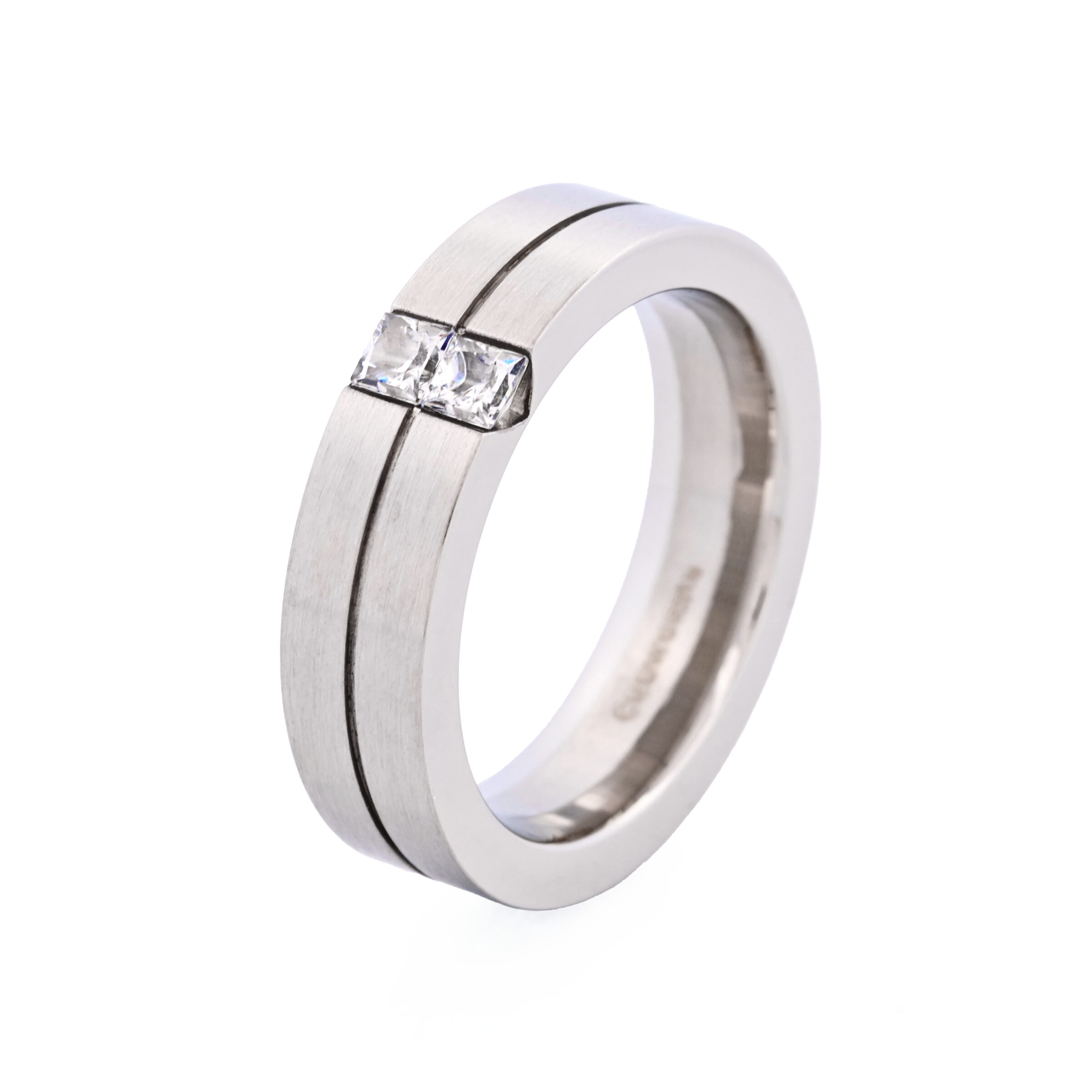 Brushed Stainless Steel Ring with Two Cubic Zirconia