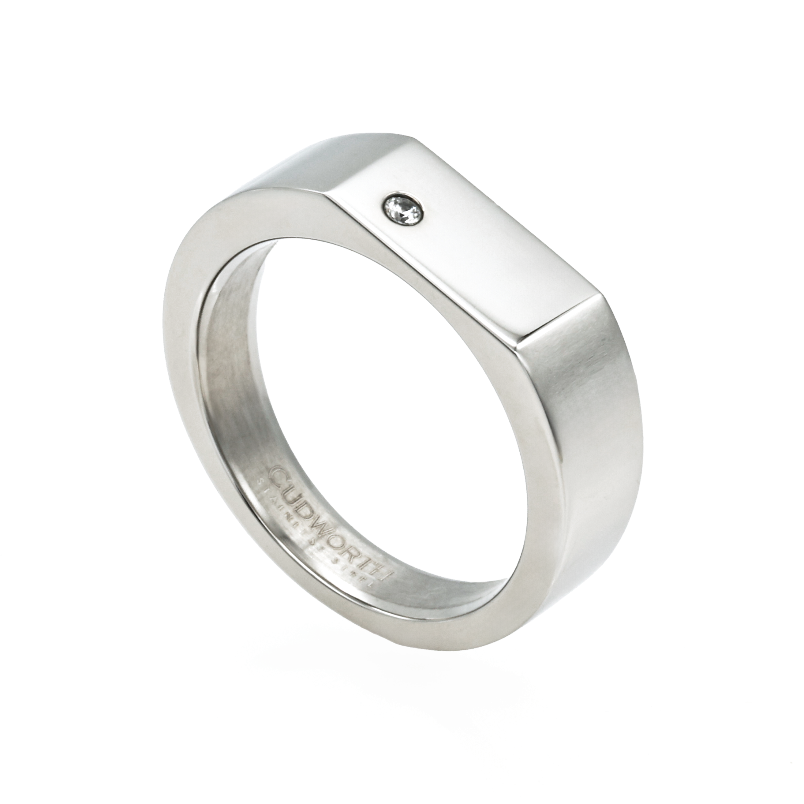 Polished Stainless Steel and Cubic Zirconia Signet Ring