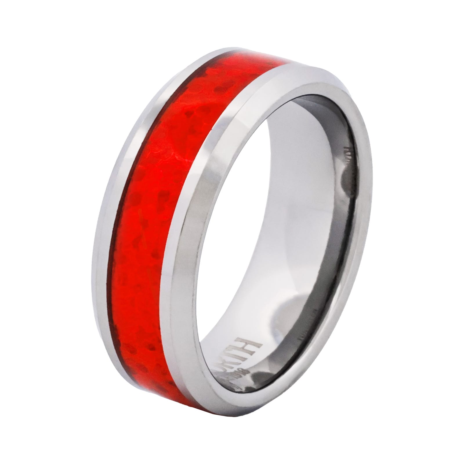 Cudworth Polished Rhodium Tungsten Ring - Crimson Opal