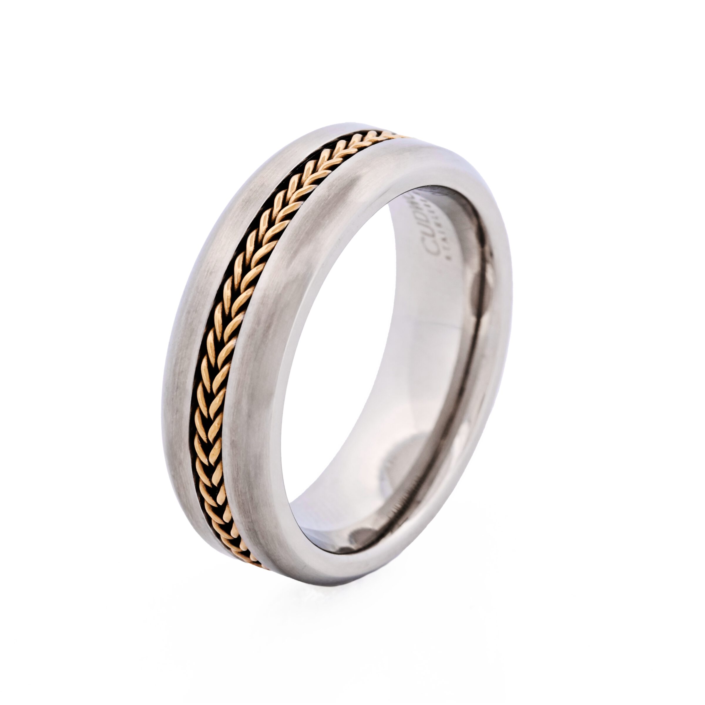 Brushed Stainless Steel with Ion Plated Yellow Gold Mesh Centre Band Ring