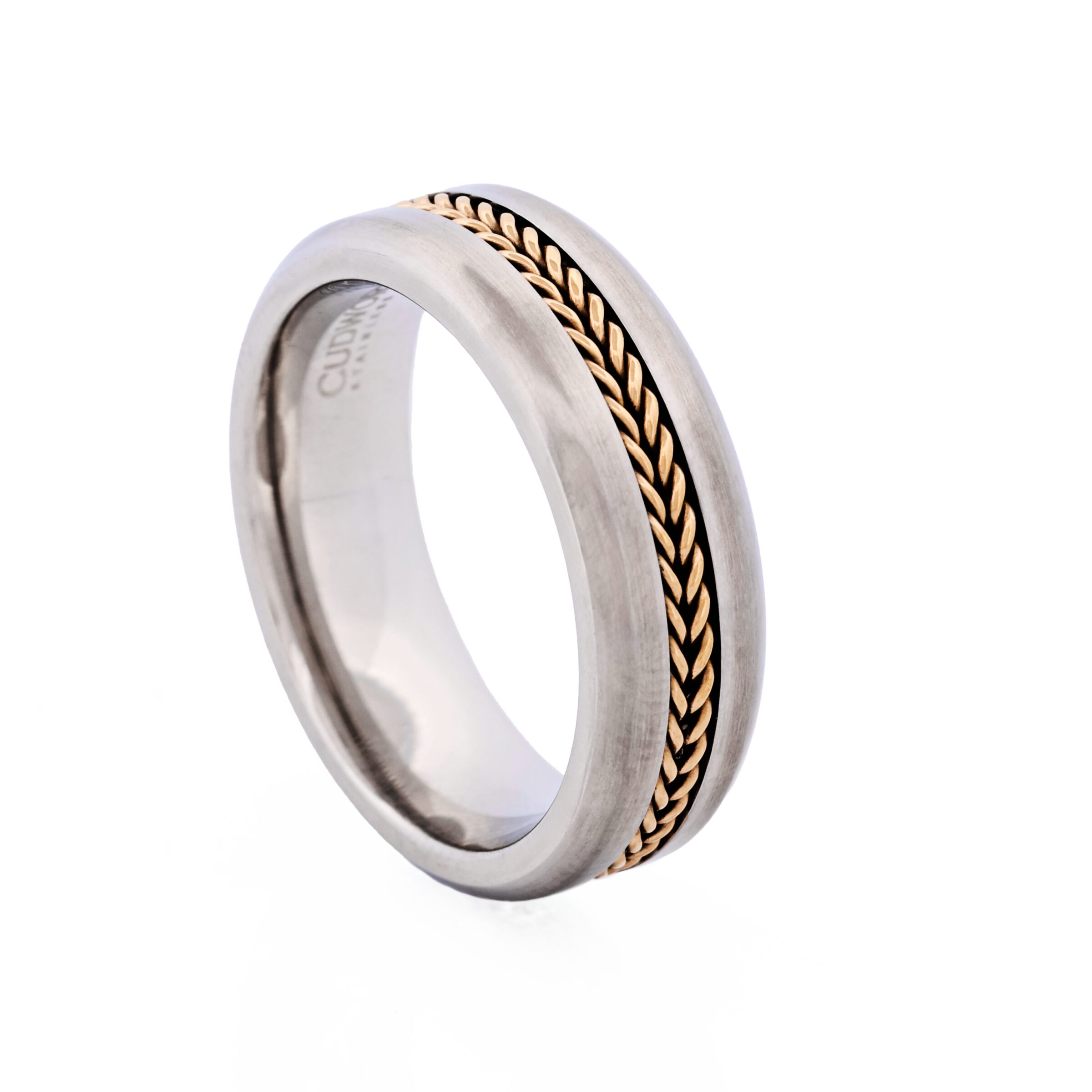 Brushed Stainless Steel with Ion Plated Yellow Gold Mesh Centre Band Ring