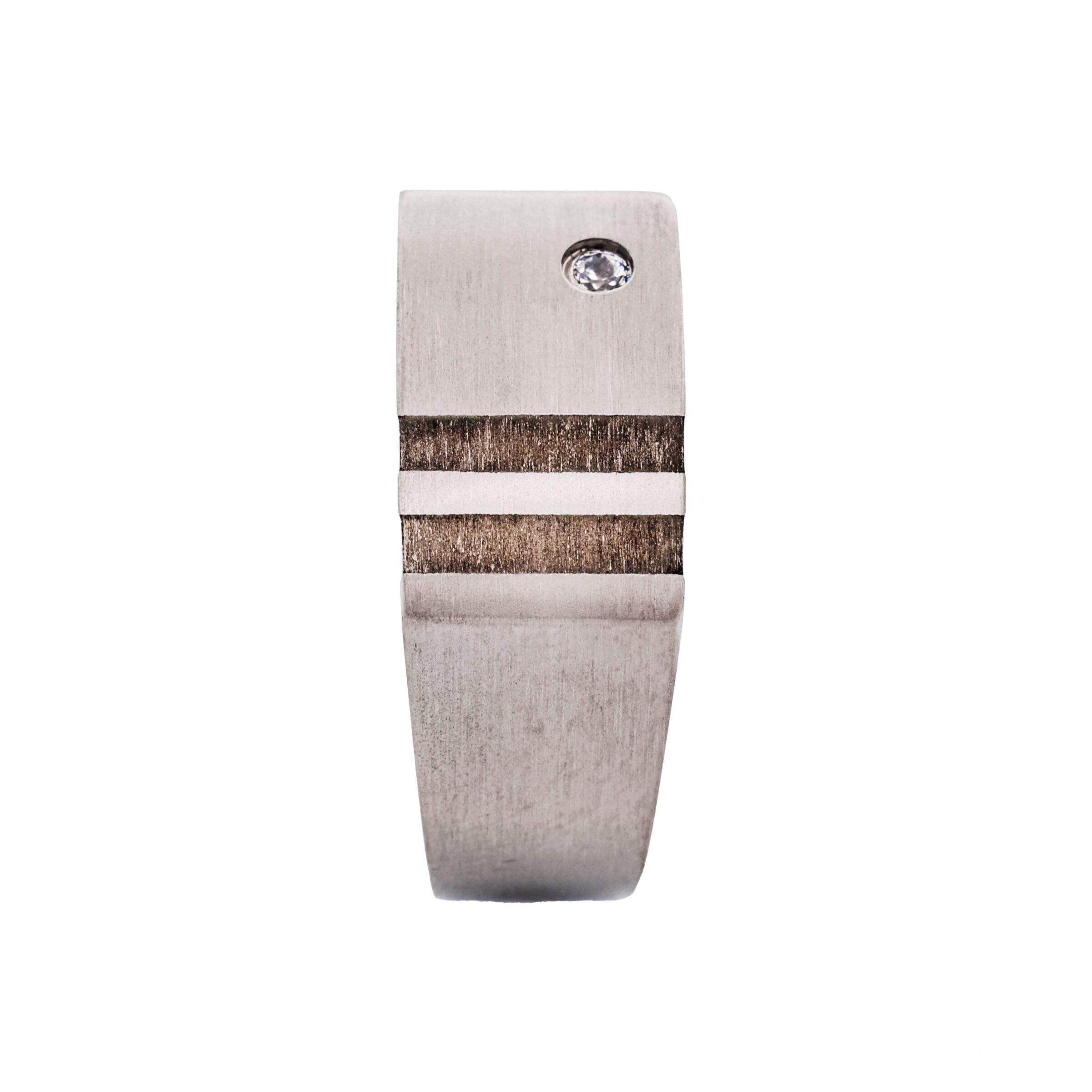 Brushed Titanium Signet Ring with Two Ion Plated Gold Inlays with a Single Cubic Zirconia