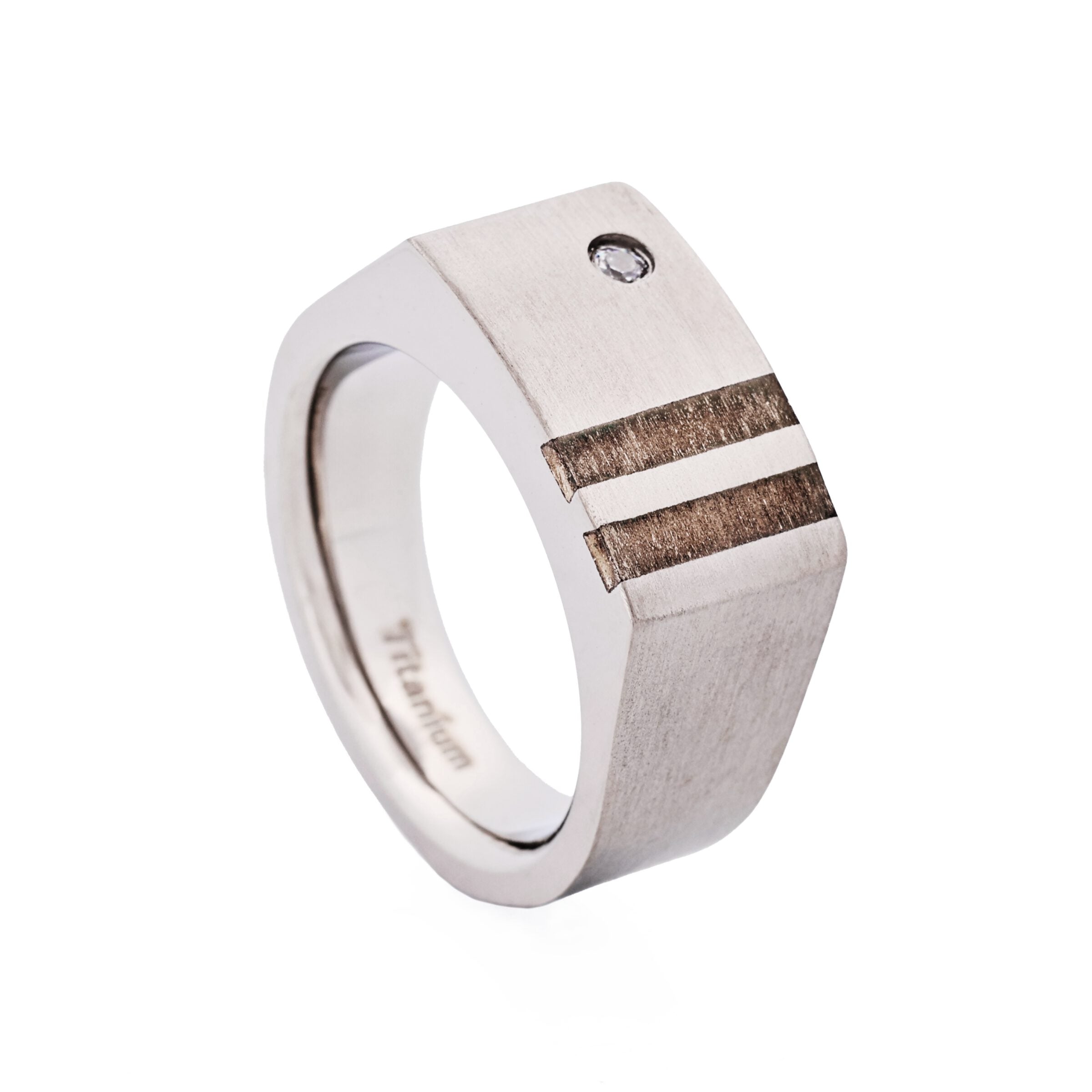 Brushed Titanium Signet Ring with Two Ion Plated Gold Inlays with a Single Cubic Zirconia