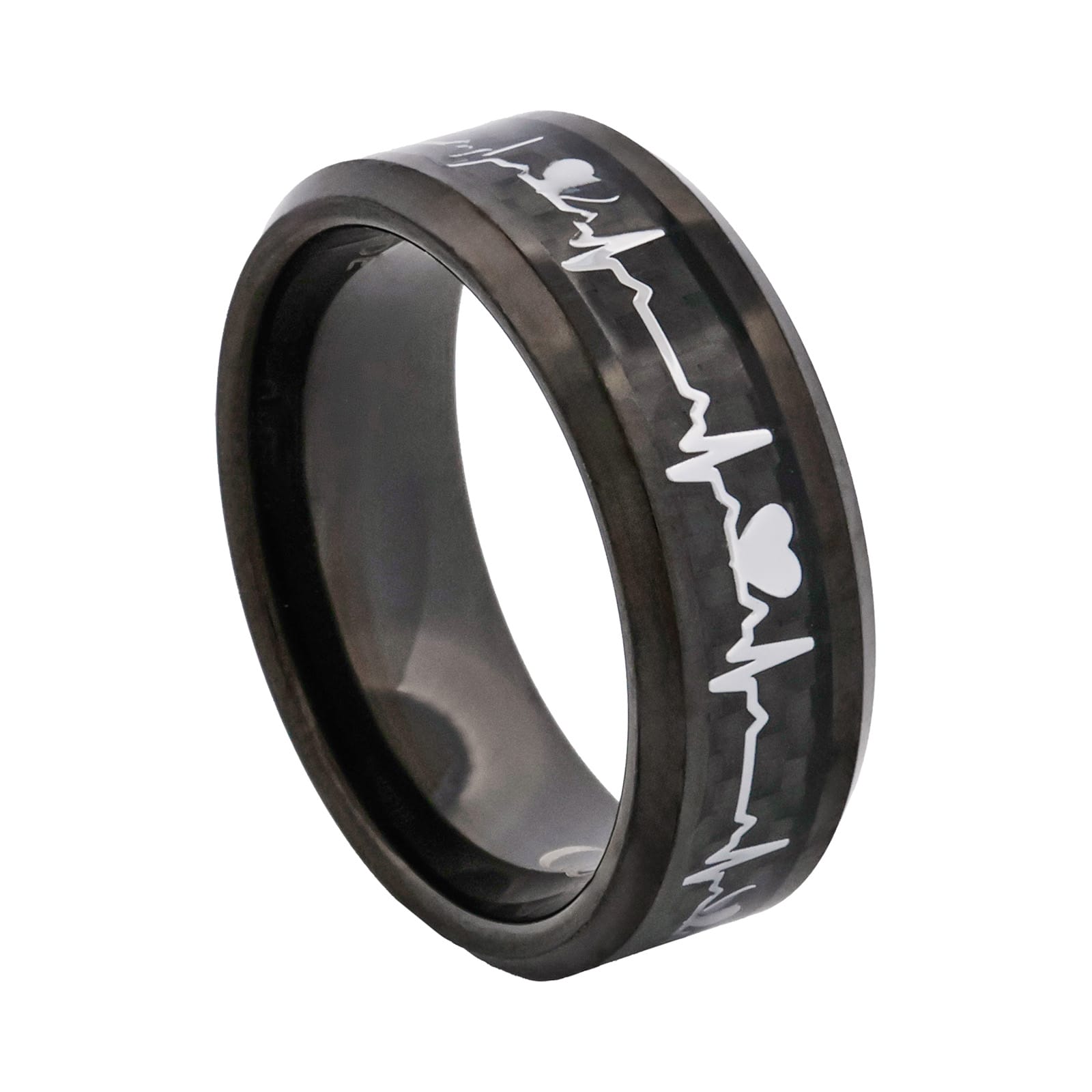 Cudworth Polished Black Ion Plated Tungsten Ring with Carbon Fibre Stripe - Pulse Line