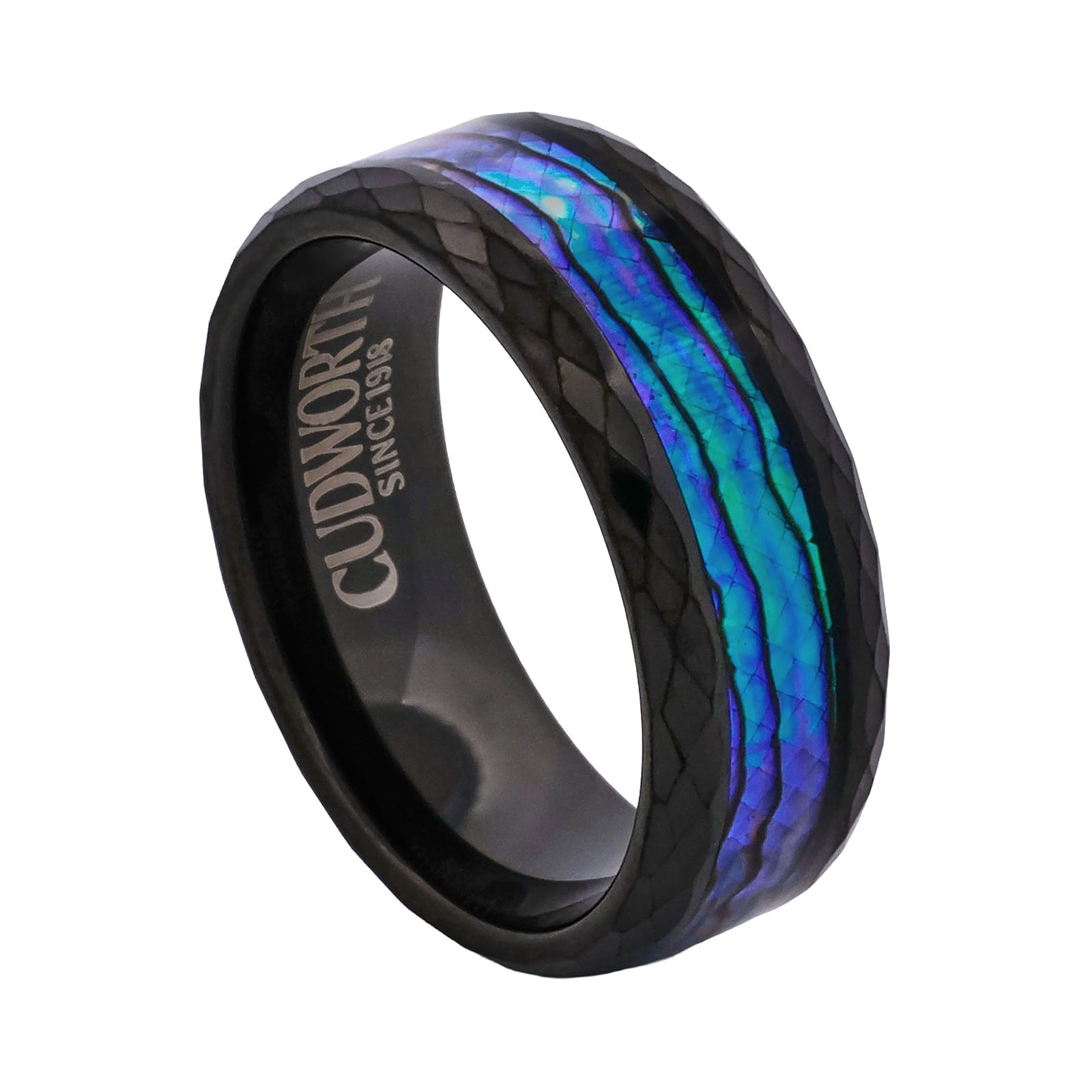 Cudworth Faceted Black Ion Plated Tungsten Ring - Aurora Obsidian