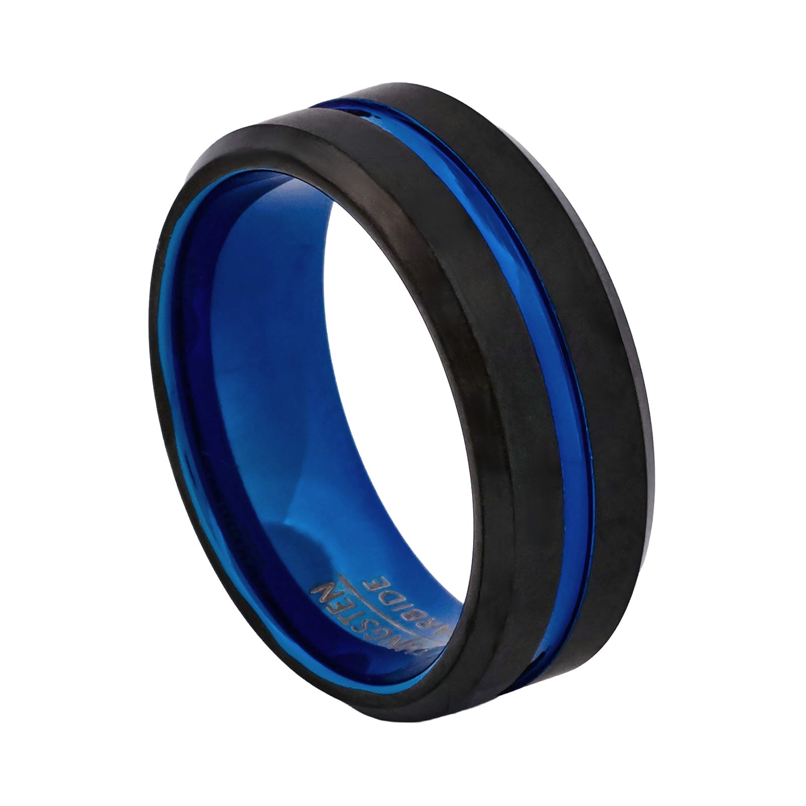 Cudworth Brushed Black and Blue Ion Plated Tungsten Ring - Titanium Blue Core