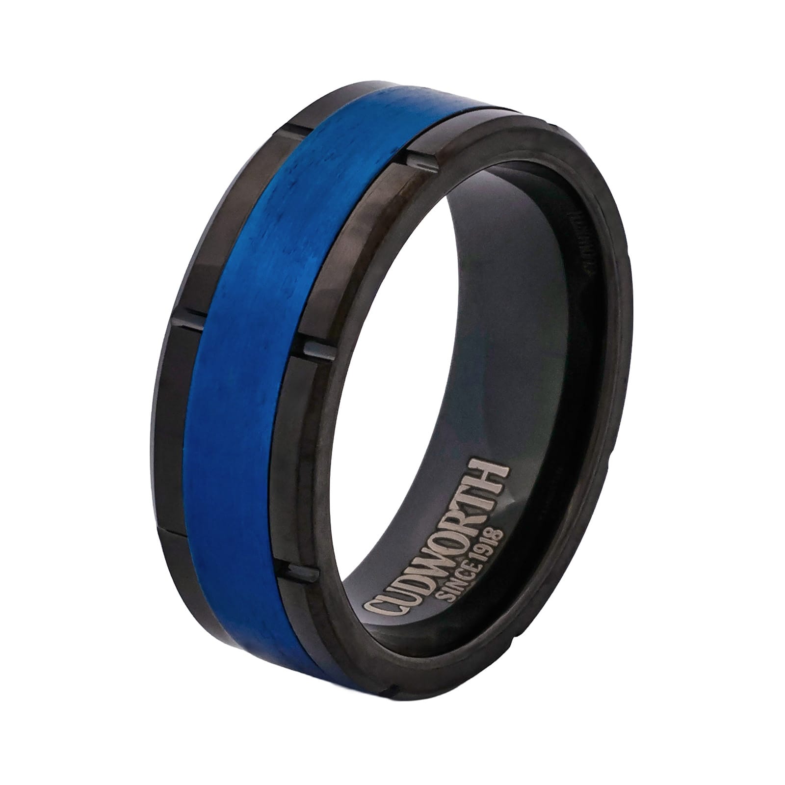 Cudworth Brushed Black and Blue Ion Plated Tungsten Ring - Blue Apex