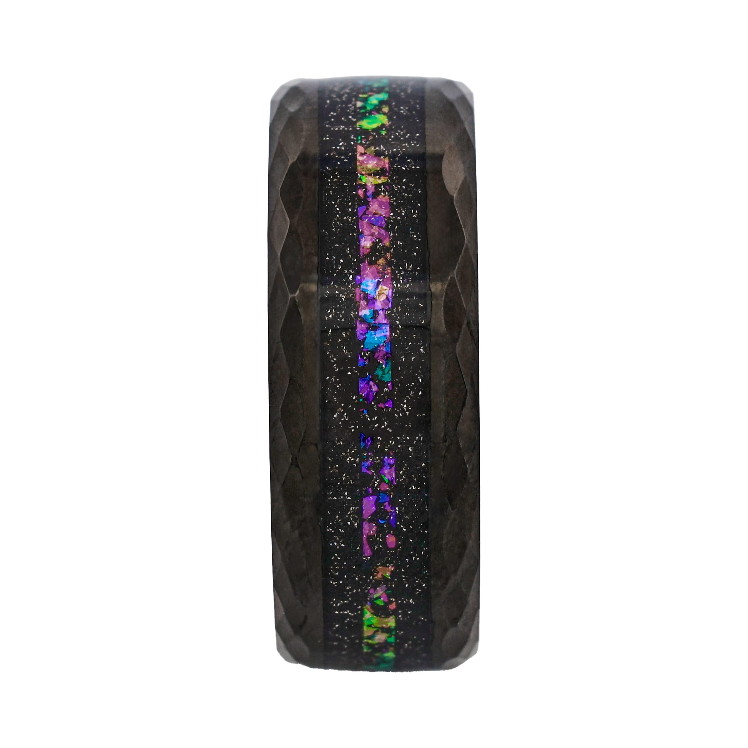 Tungsten Ring, Nebula Prism - Faceted black tungsten ring with cosmic opal inlay