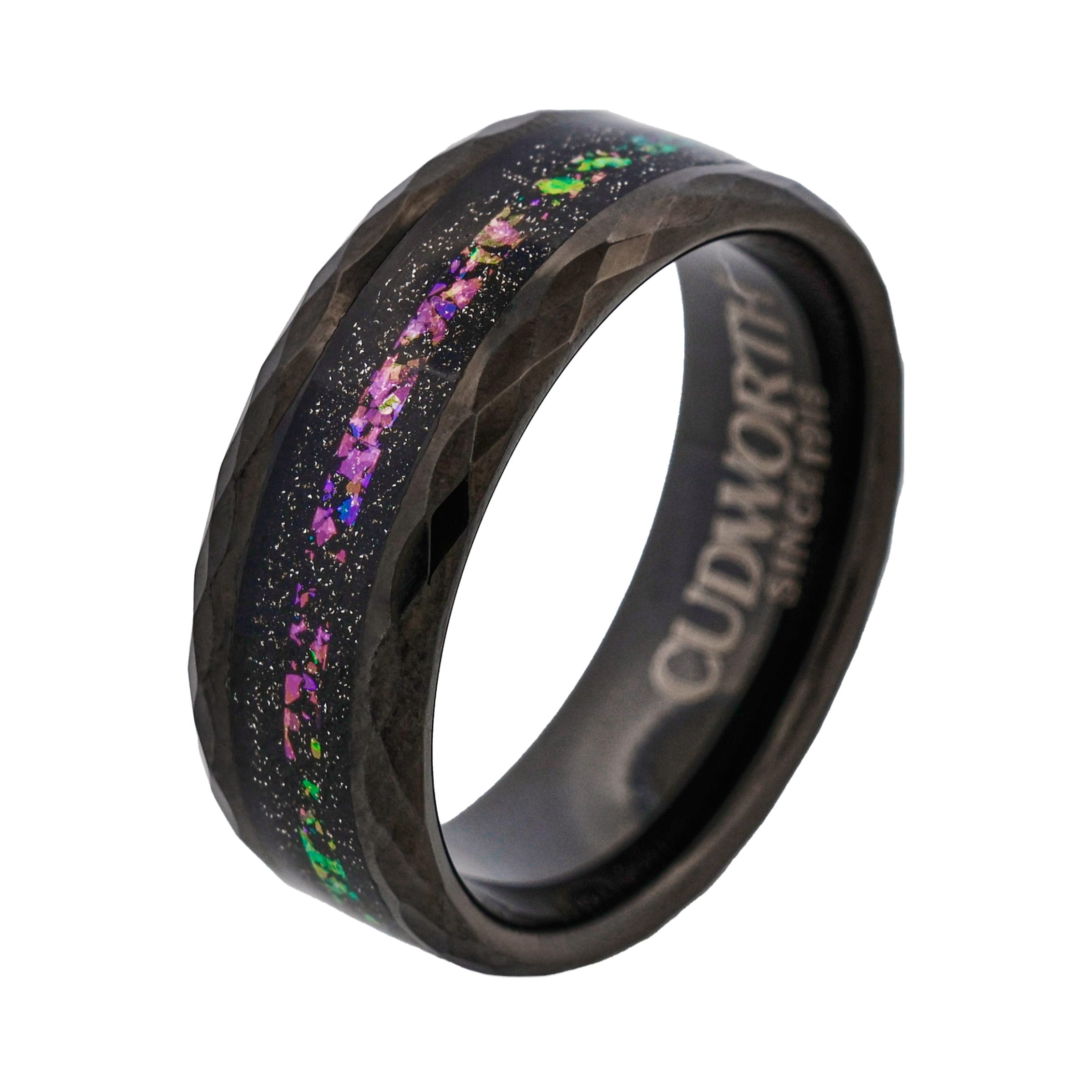 Tungsten Ring, Nebula Prism - Faceted black tungsten ring with cosmic opal inlay