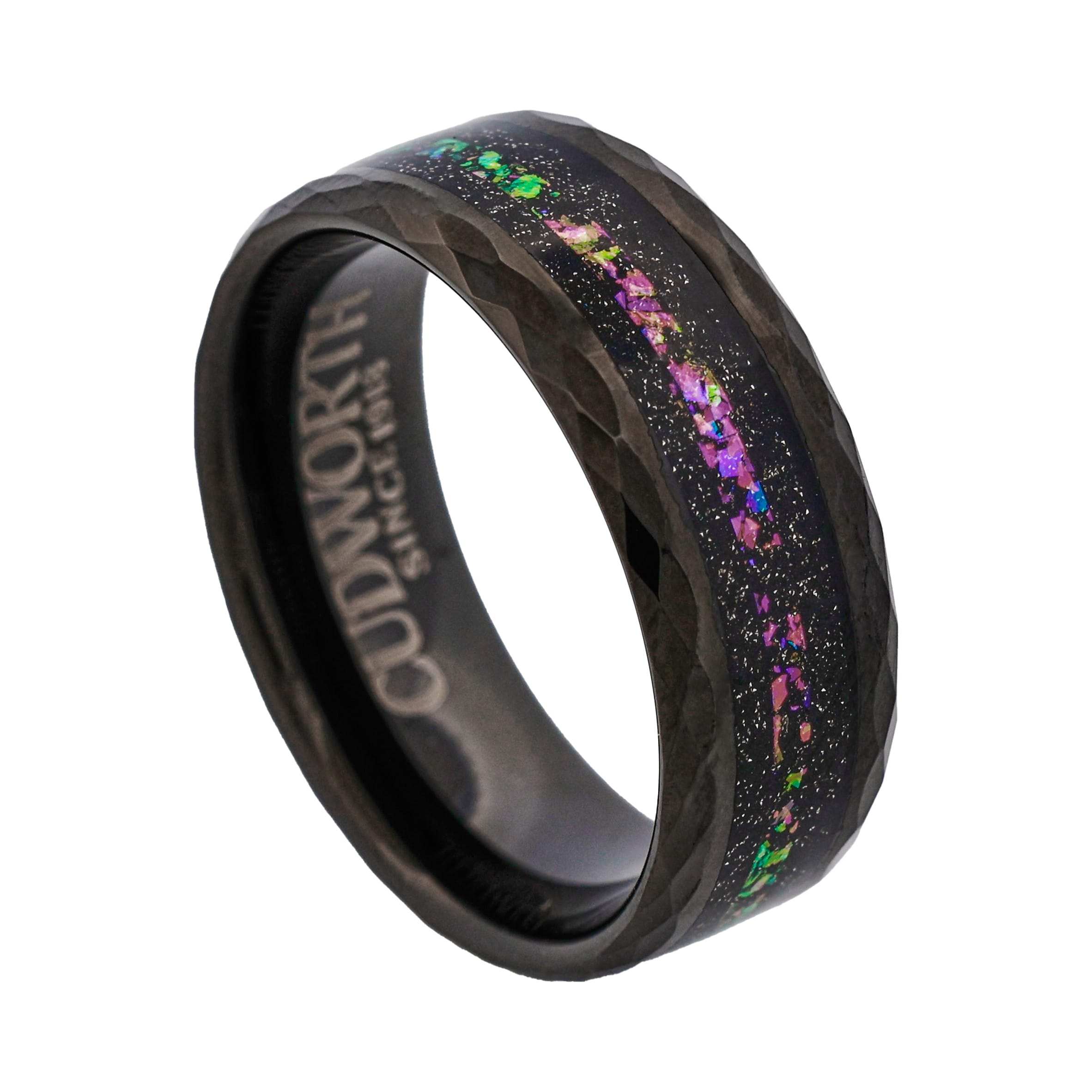 Tungsten Ring, Nebula Prism - Faceted black tungsten ring with cosmic opal inlay