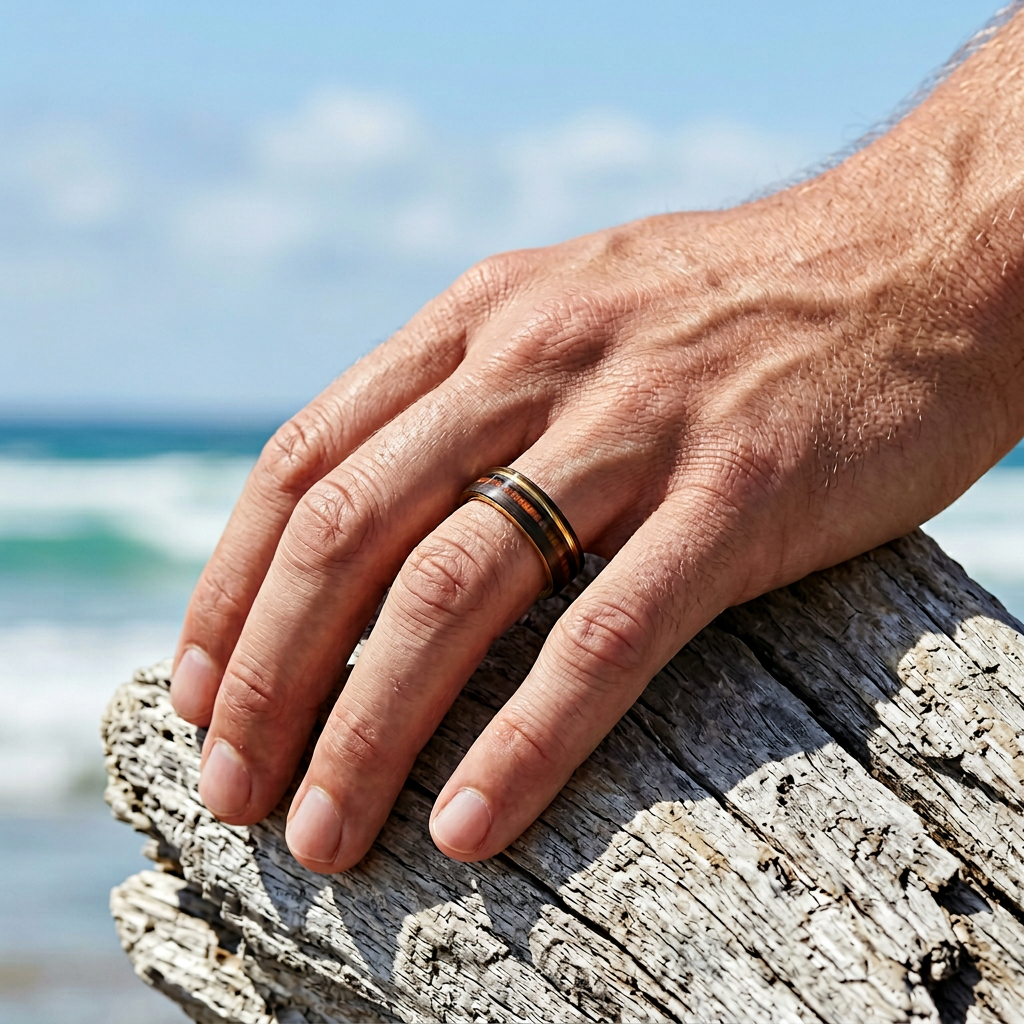Tungsten Ring, Emberwood Classic - Gold tungsten ring with matte black and wood inlay