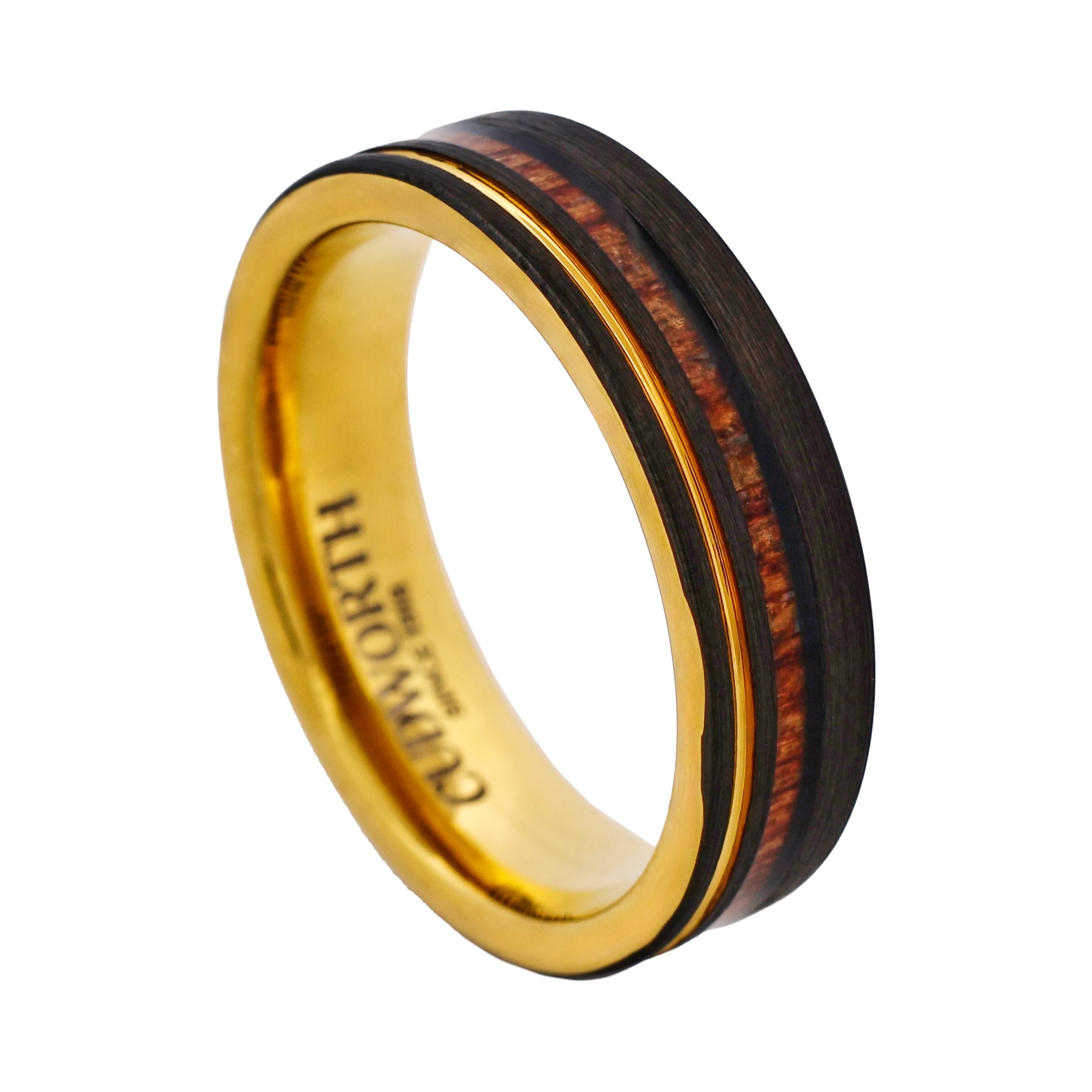 Tungsten Ring, Emberwood Classic - Gold tungsten ring with matte black and wood inlay