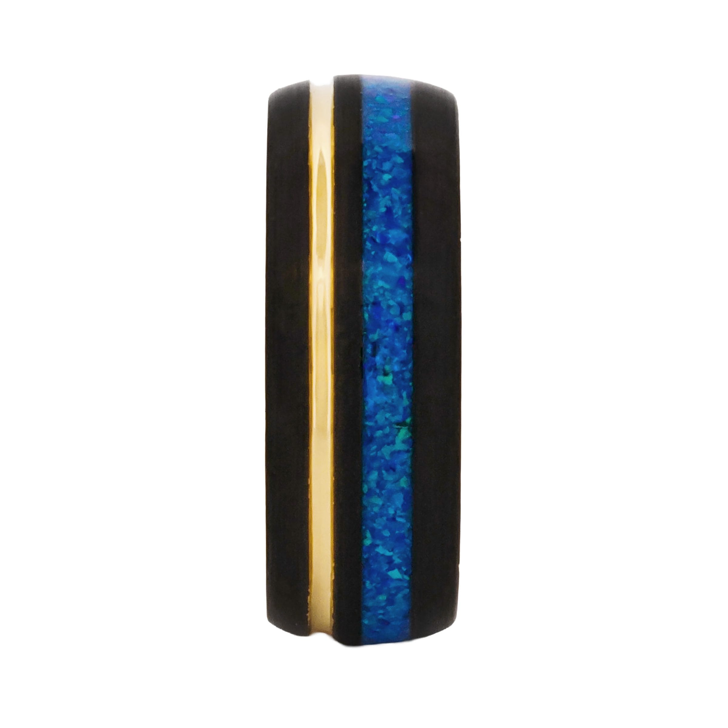 Tungsten Ring, Azure Aurora - Gold & black tungsten ring with blue opal inlay