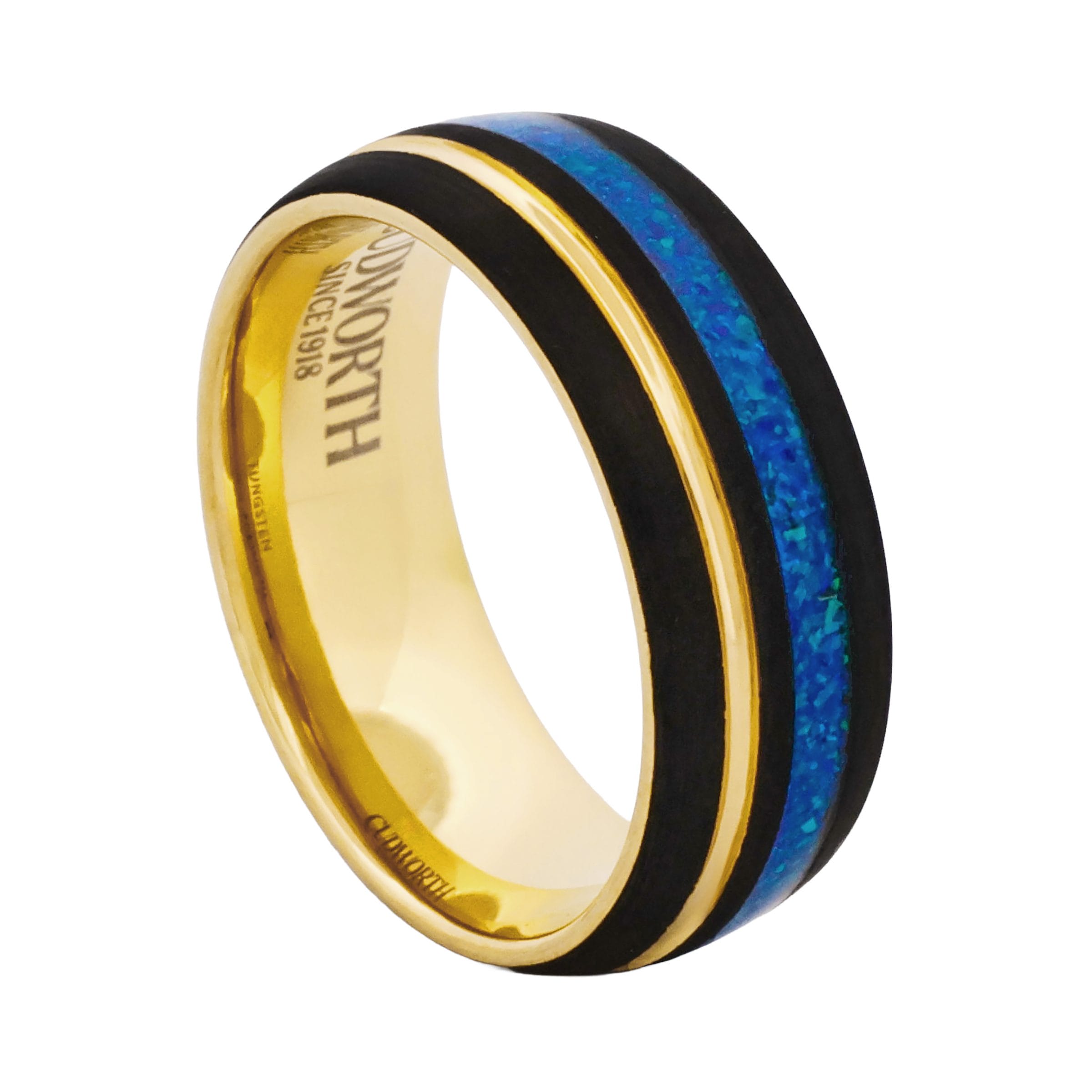 Tungsten Ring, Azure Aurora - Gold & black tungsten ring with blue opal inlay
