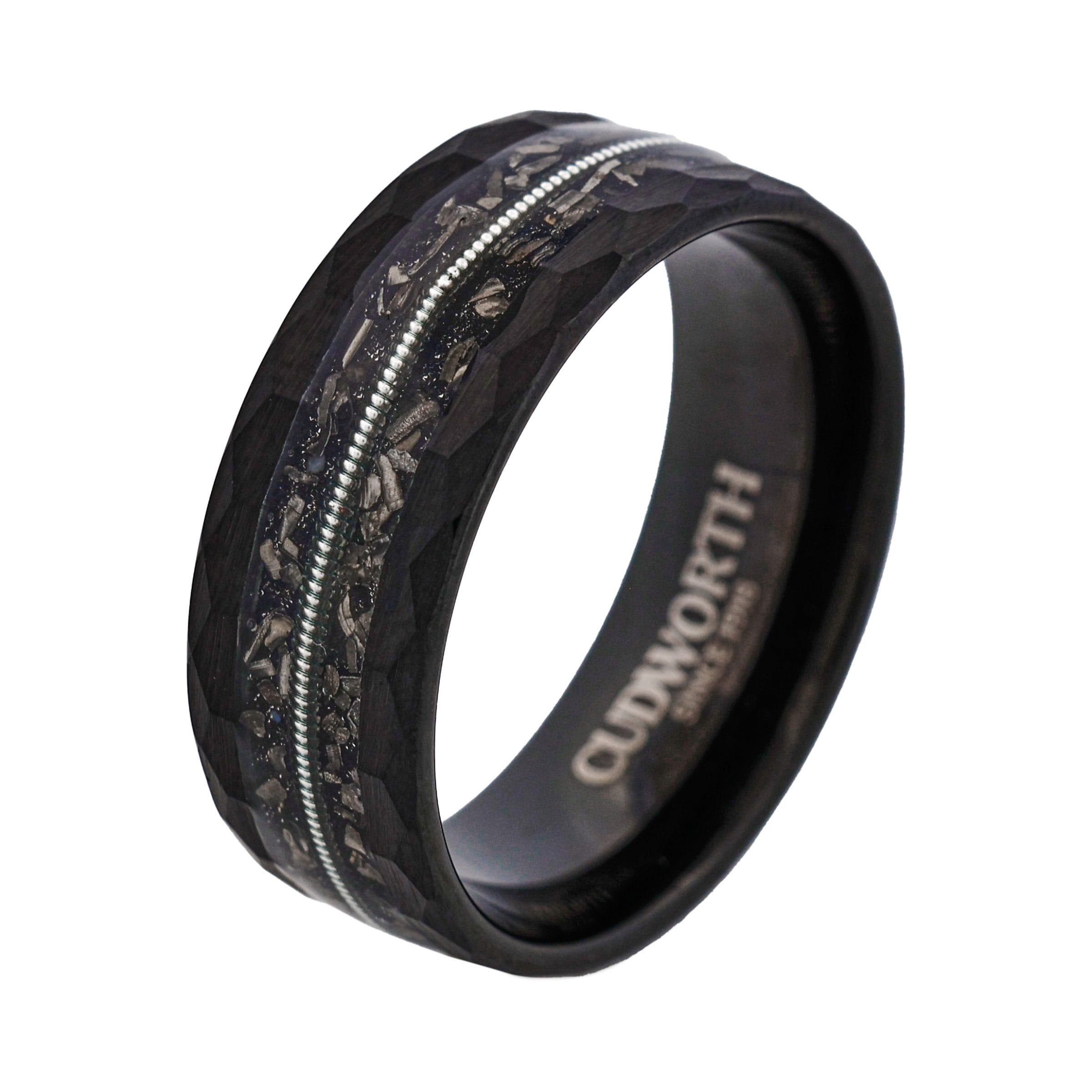 Tungsten Ring, Meteorite Circuit - Faceted black tungsten ring with meteorite and silver wire inlay
