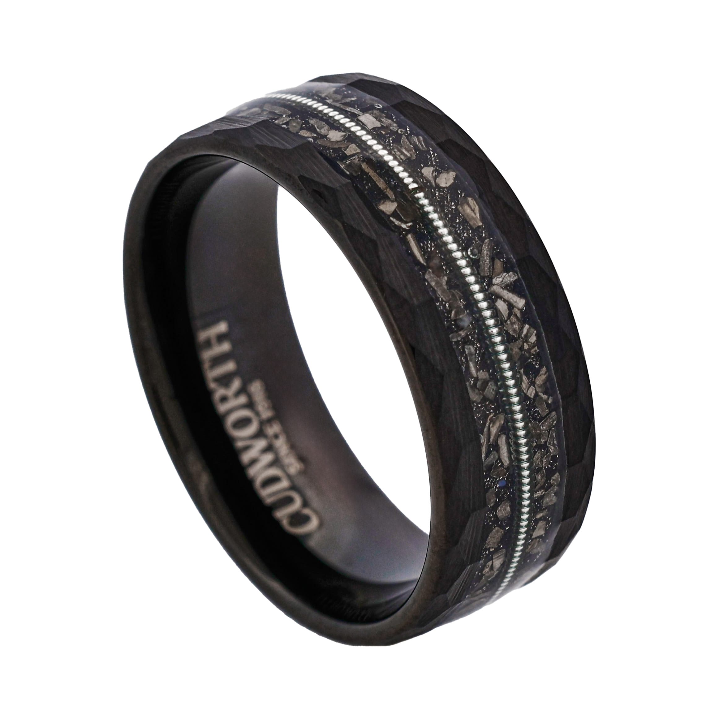 Tungsten Ring, Meteorite Circuit - Faceted black tungsten ring with meteorite and silver wire inlay