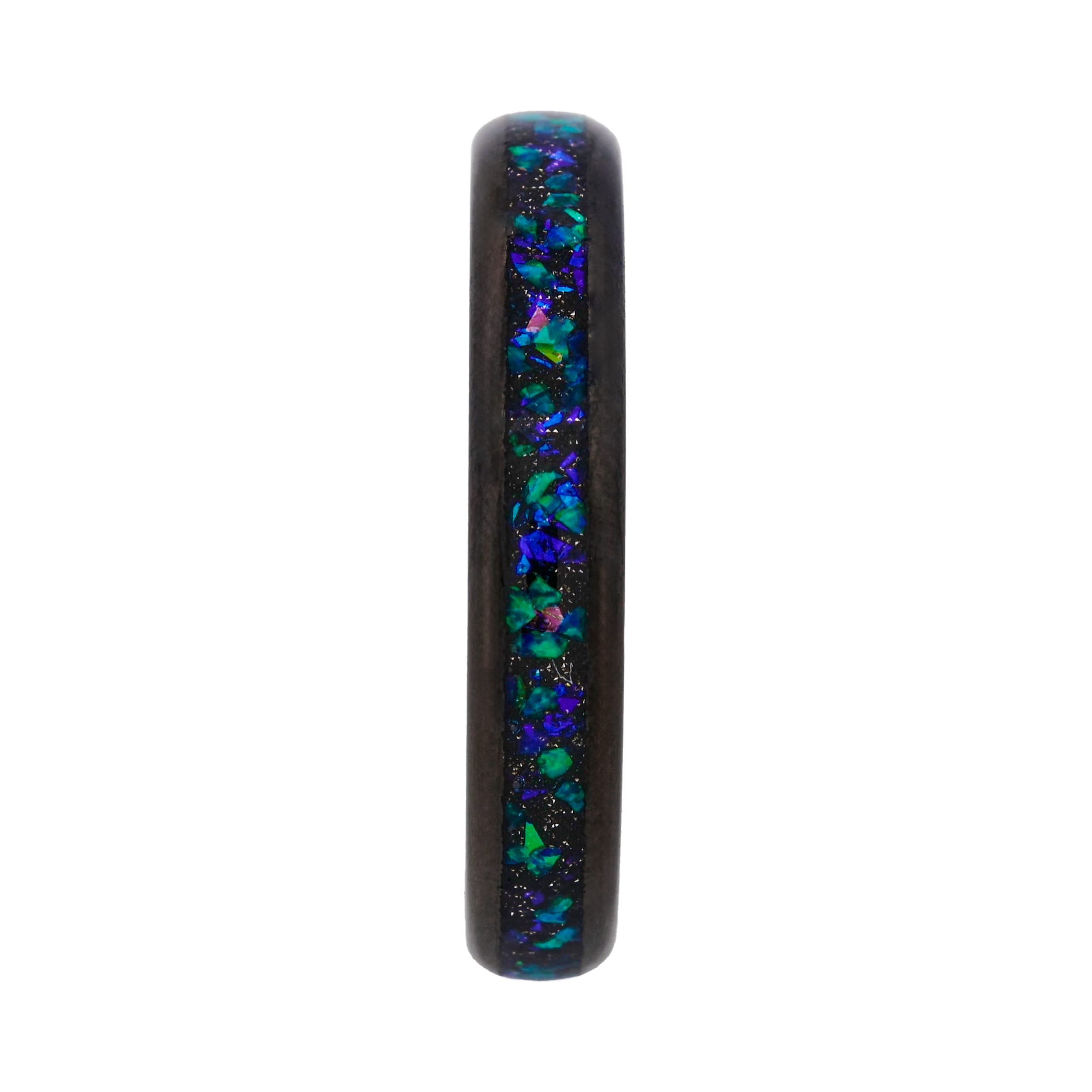 Tungsten Ring, Aurora Streamline - Slim black tungsten ring with shimmering opal inlay