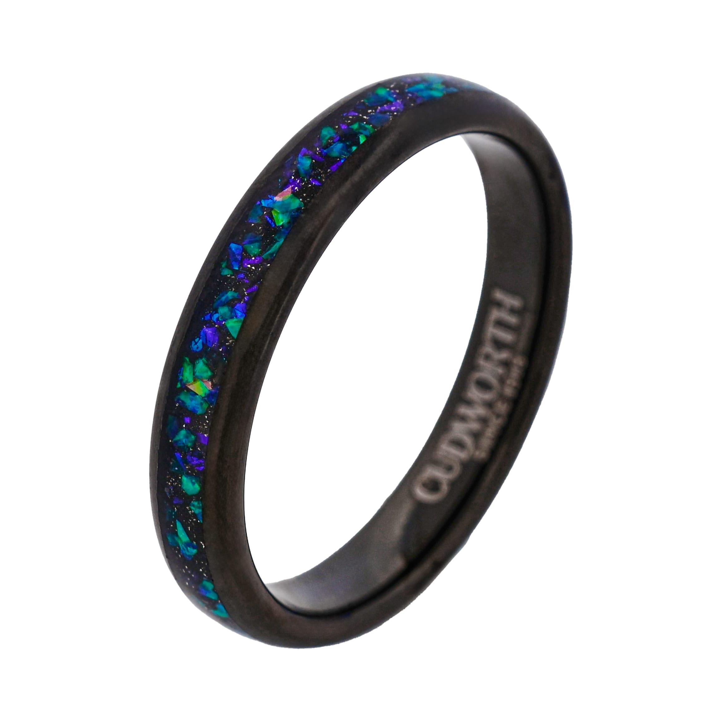 Tungsten Ring, Aurora Streamline - Slim black tungsten ring with shimmering opal inlay