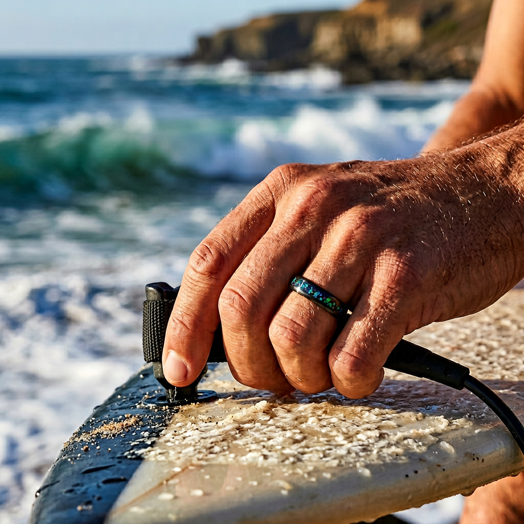 Tungsten Ring, Aurora Streamline - Slim black tungsten ring with shimmering opal inlay
