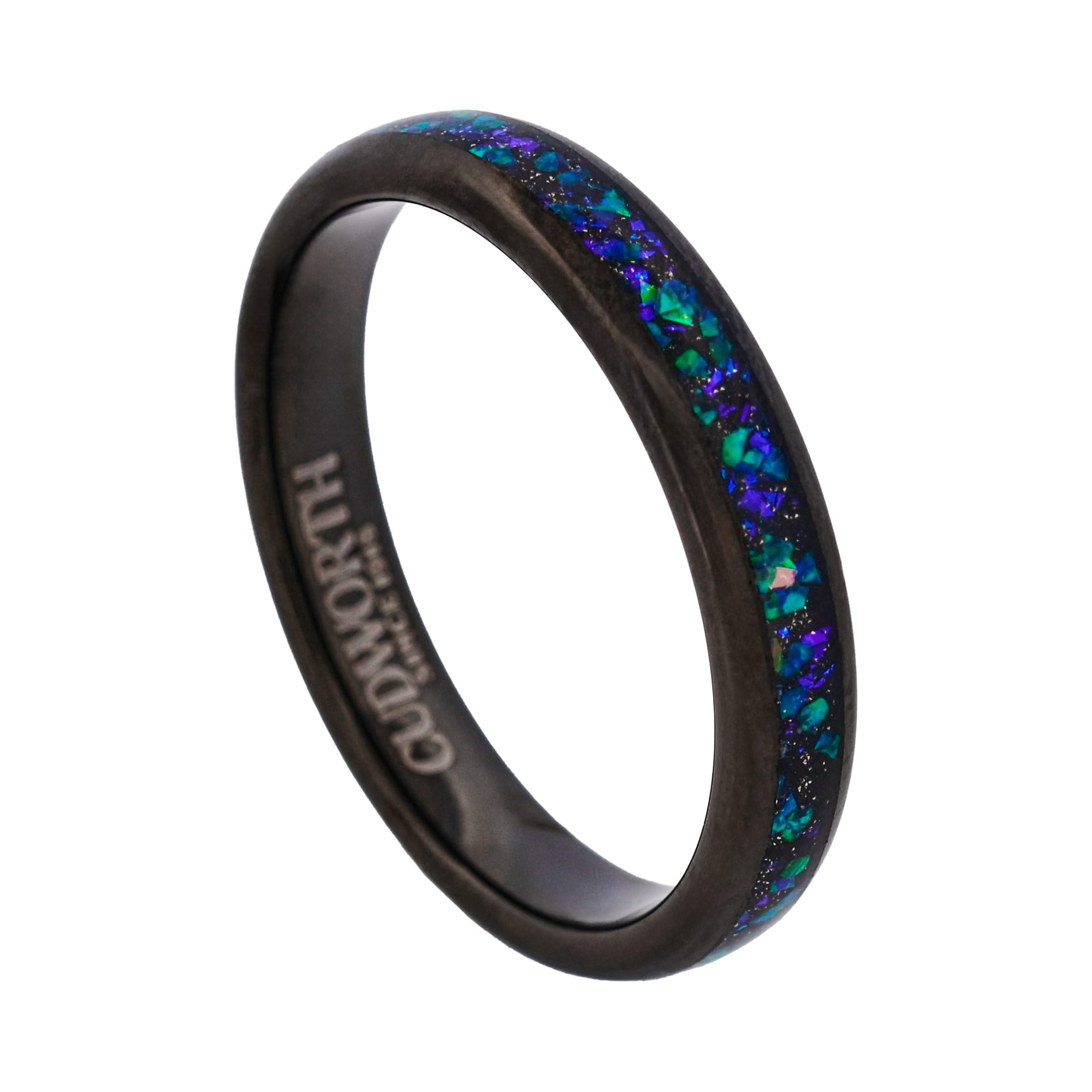 Tungsten Ring, Aurora Streamline - Slim black tungsten ring with shimmering opal inlay