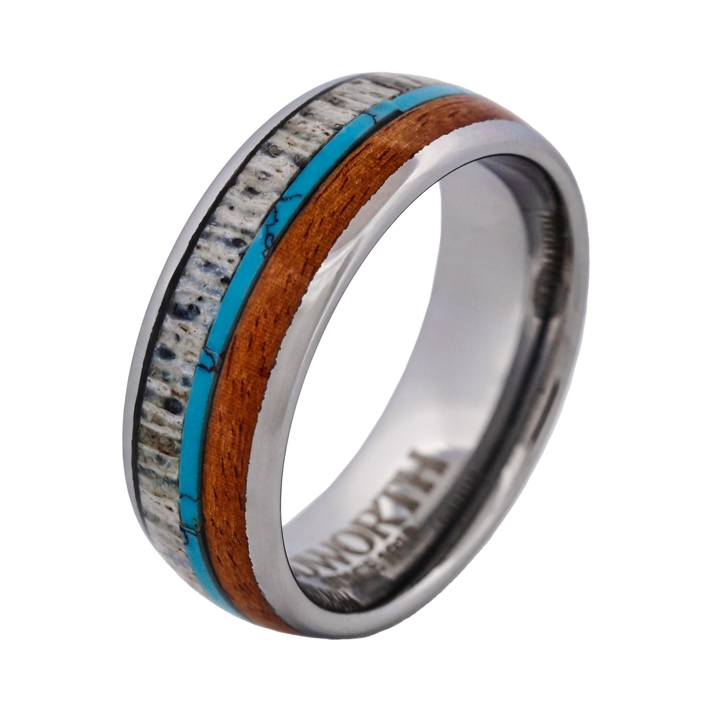 Tungsten Ring, Frontier Horizon - Silver tungsten ring with turquoise, antler, and wood inlays