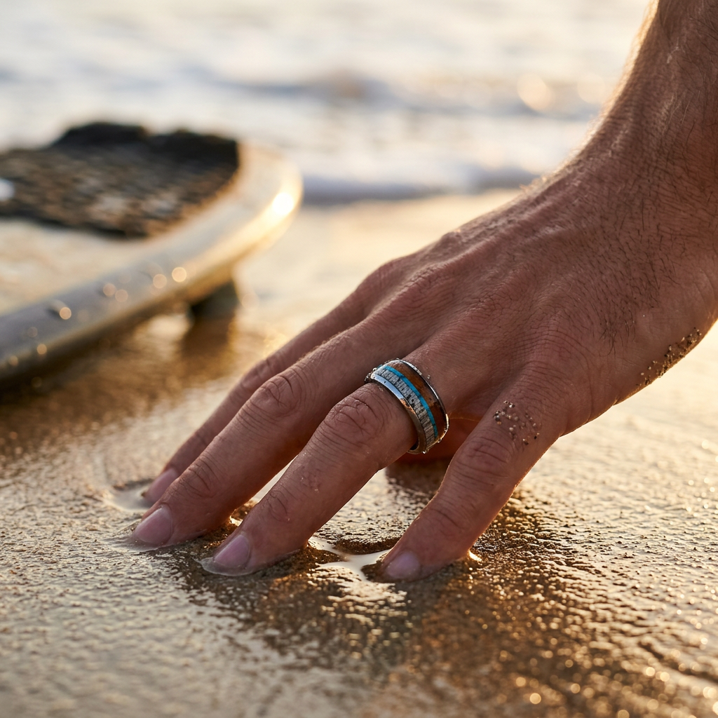 Tungsten Ring, Frontier Horizon - Silver tungsten ring with turquoise, antler, and wood inlays