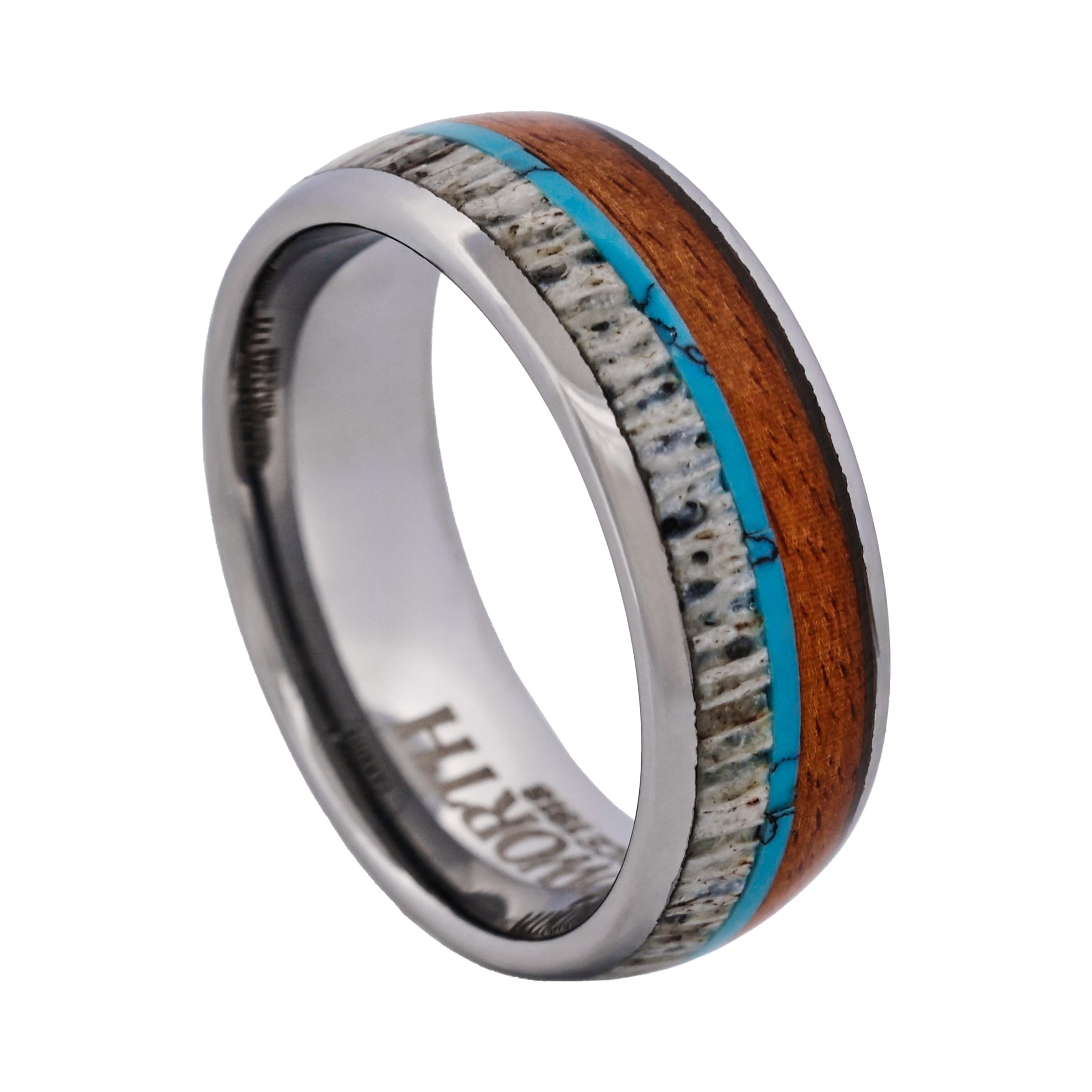 Tungsten Ring, Frontier Horizon - Silver tungsten ring with turquoise, antler, and wood inlays