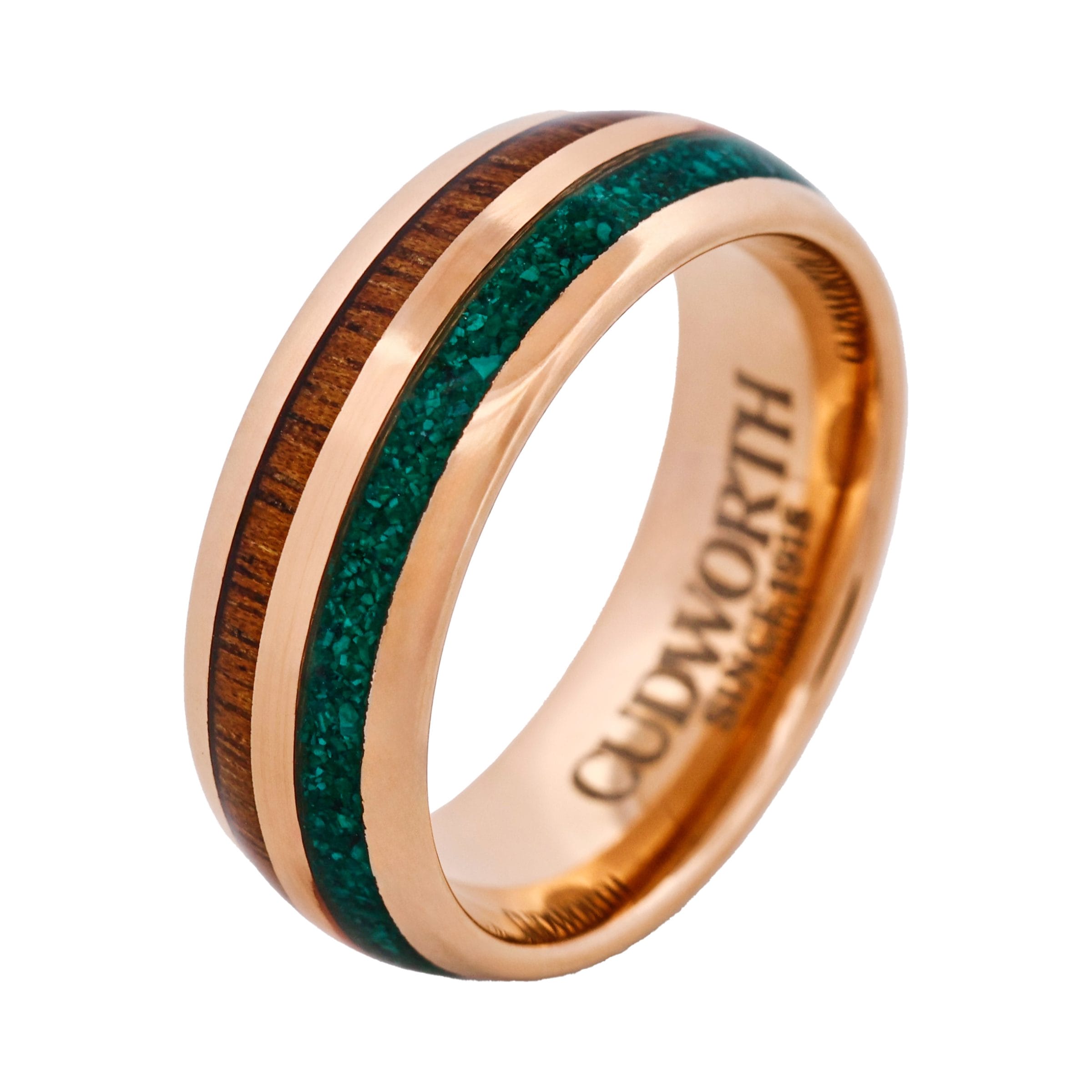Tungsten Ring, Sierra Crest - Rose Gold tungsten ring with wood and turquoise inlays