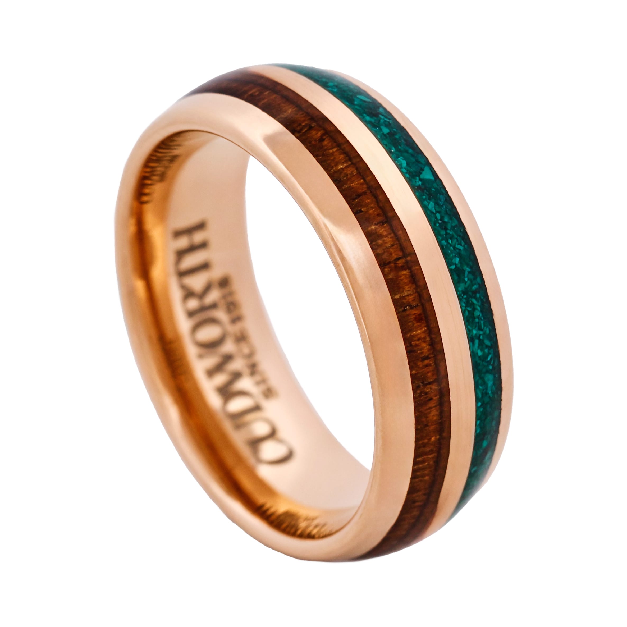 Tungsten Ring, Sierra Crest - Rose Gold tungsten ring with wood and turquoise inlays