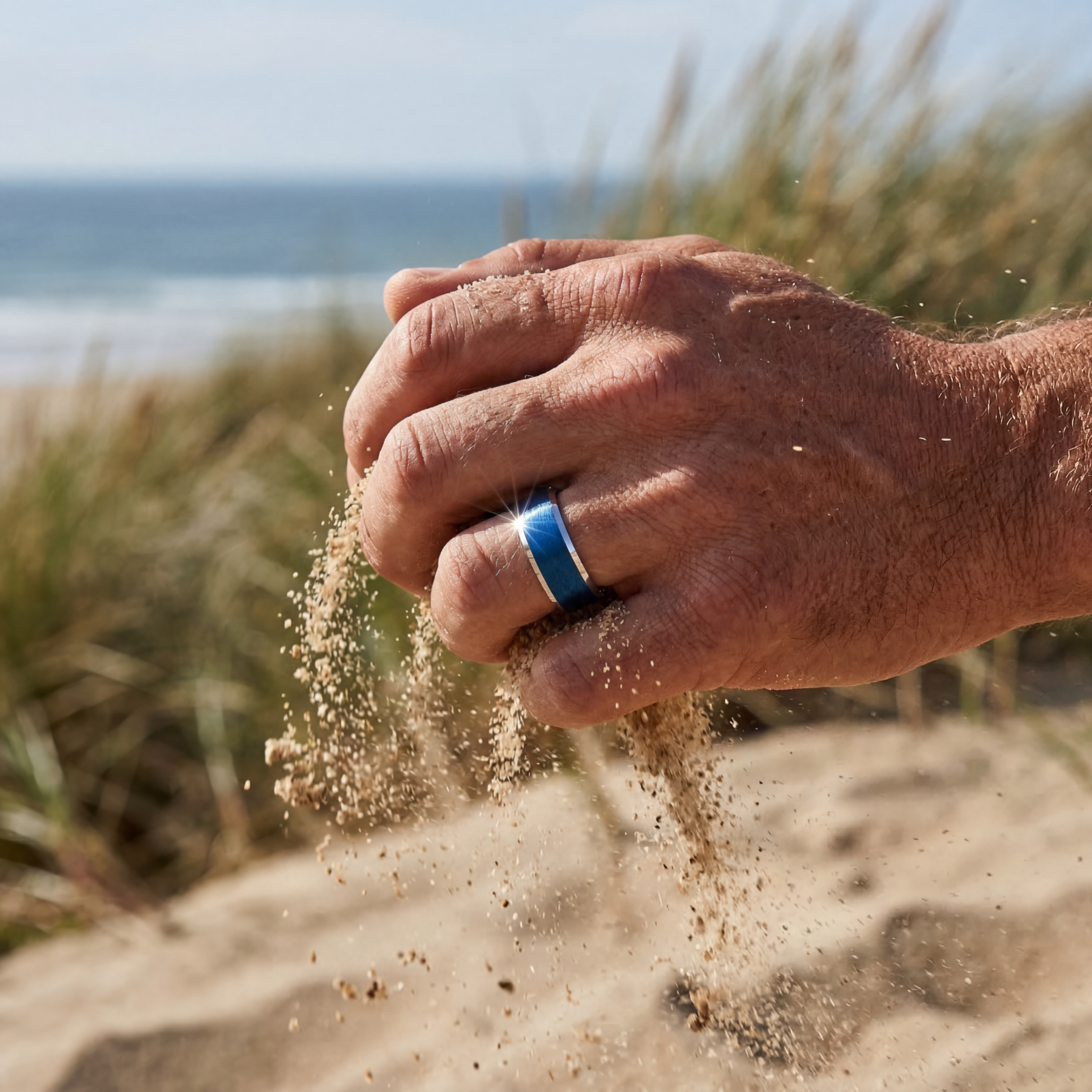 Tungsten Ring, Pacific Frost - Brushed cobalt blue tungsten ring with silver edges