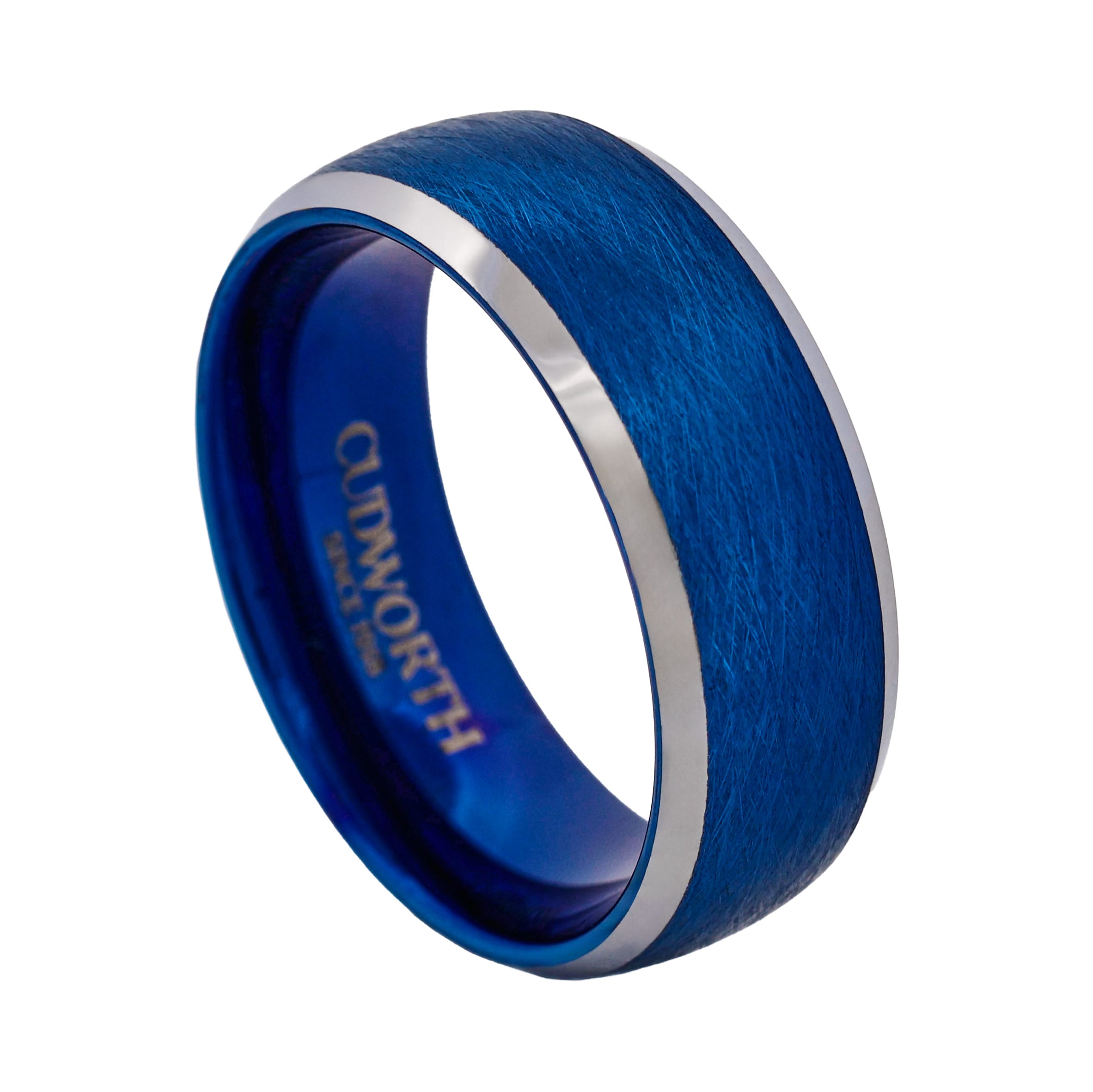 Tungsten Ring, Pacific Frost - Brushed cobalt blue tungsten ring with silver edges