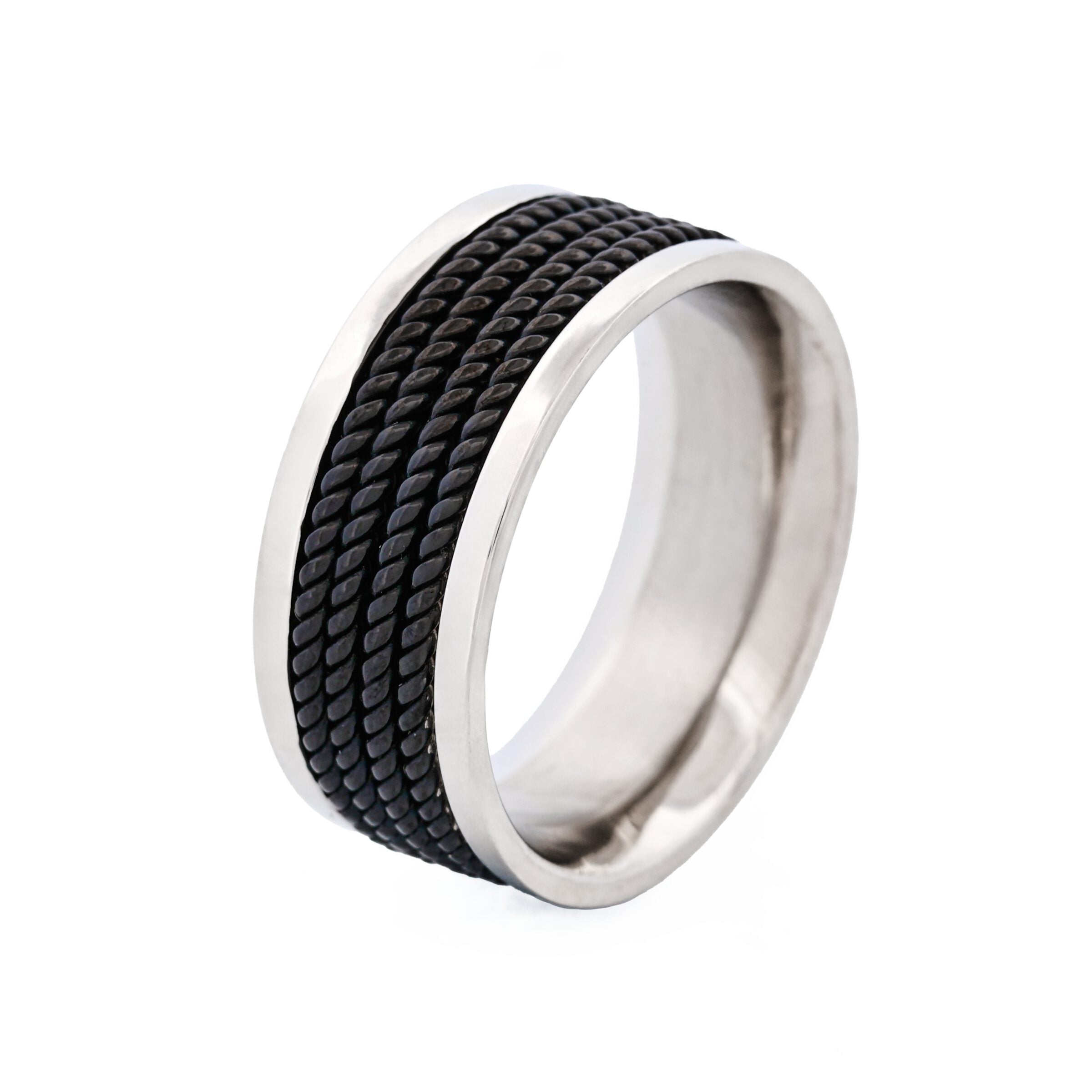 Stainless Steel Ring with Ion Plated Black Corded Bands