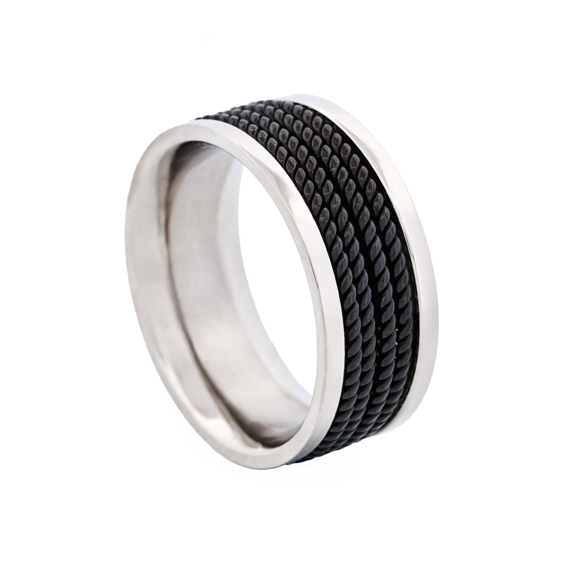 Stainless Steel Ring with Ion Plated Black Corded Bands