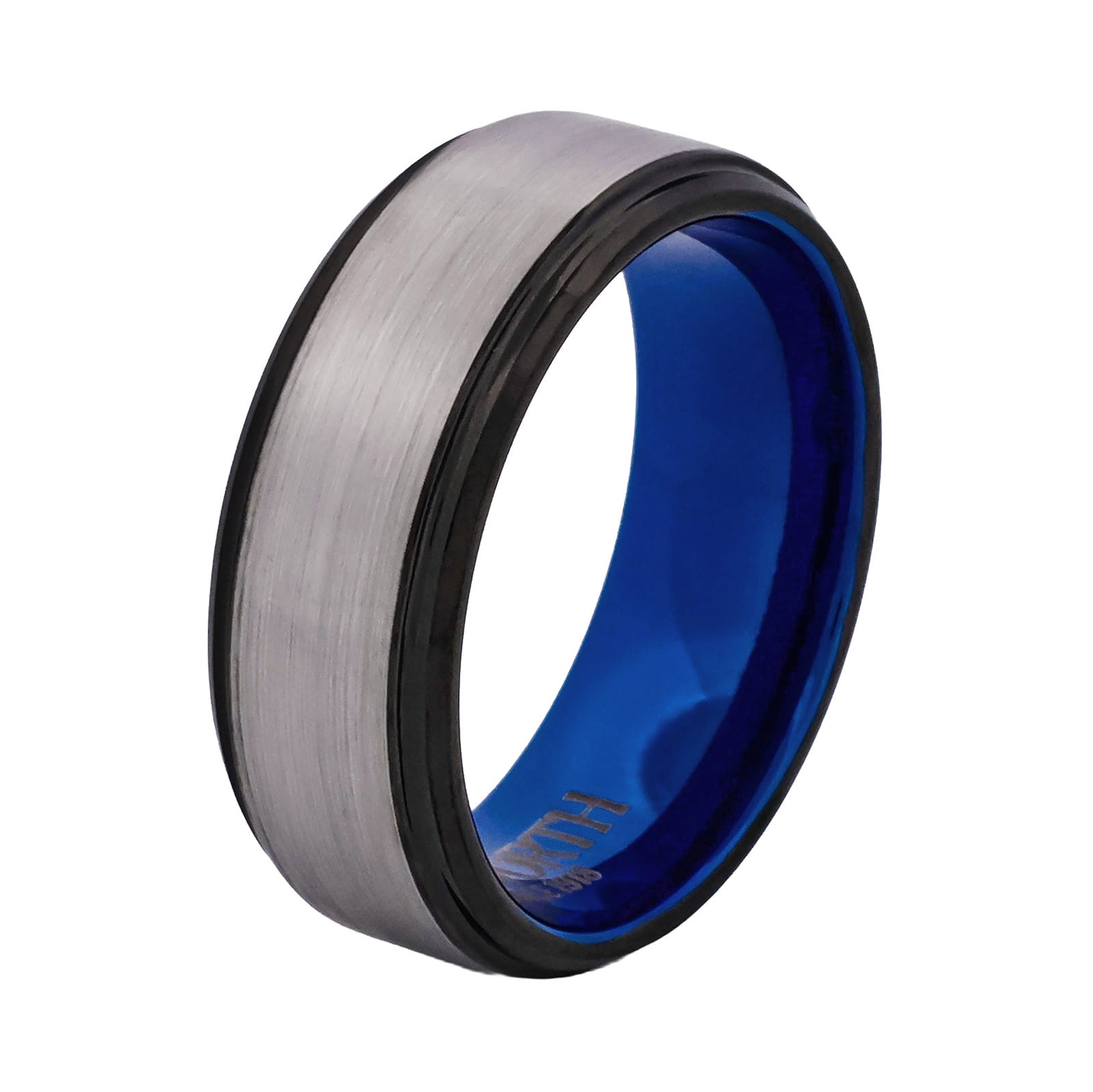 Cudworth Brushed Natural Tungsten Ring with Black Edge and Blue Interior - Atlas Blue