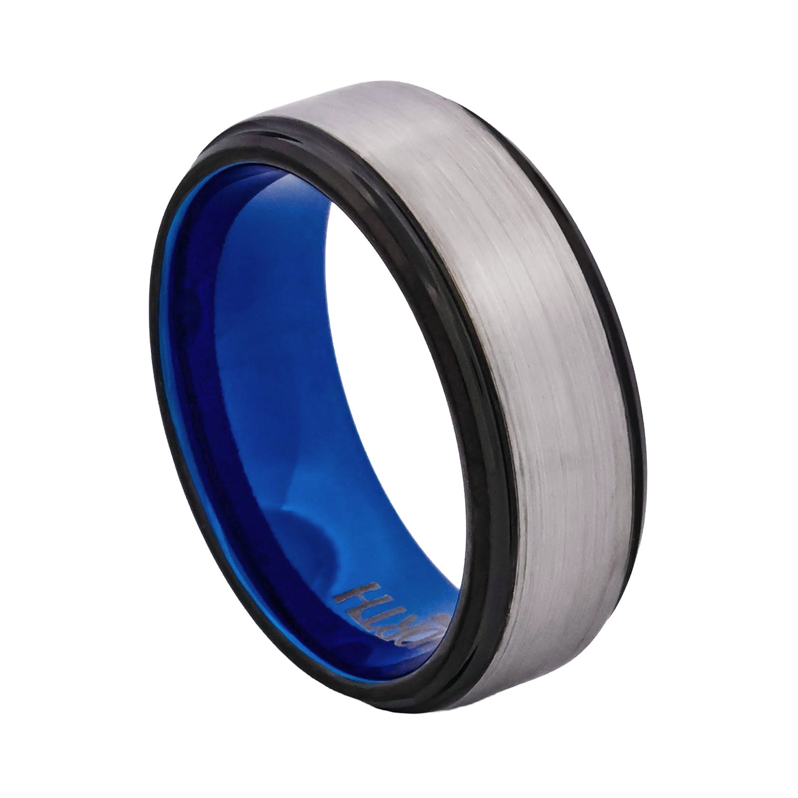 Cudworth Brushed Natural Tungsten Ring with Black Edge and Blue Interior - Atlas Blue