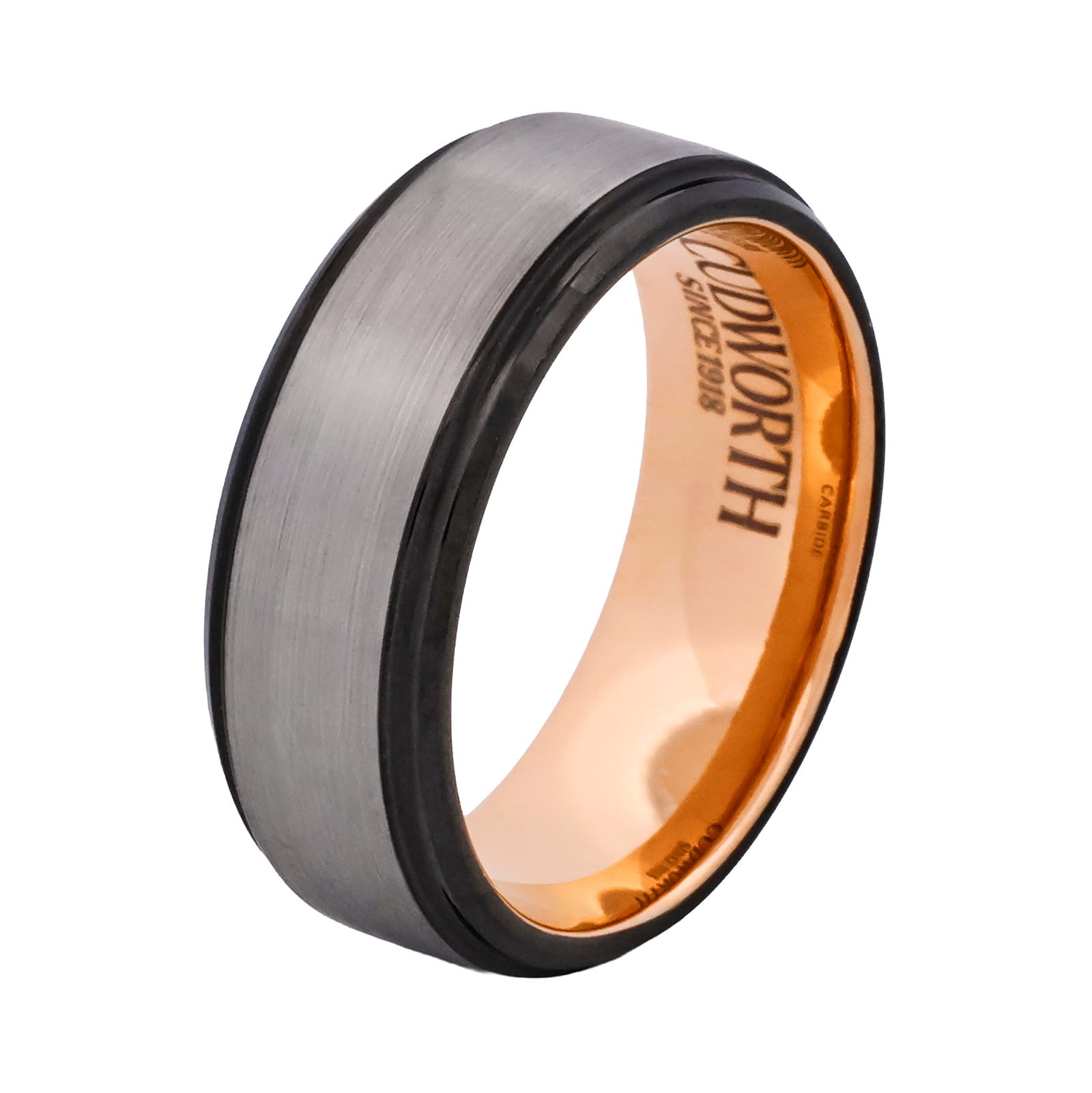 Cudworth Brushed Natural &amp; Black Edge Tungsten Ring - Rose Core