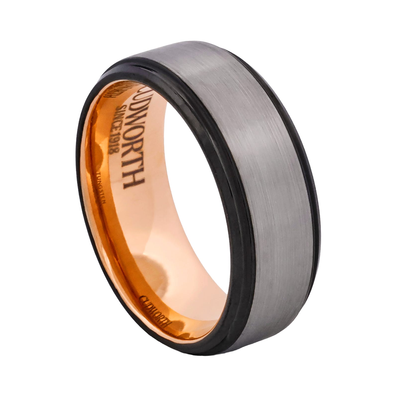 Cudworth Brushed Natural &amp; Black Edge Tungsten Ring - Rose Core