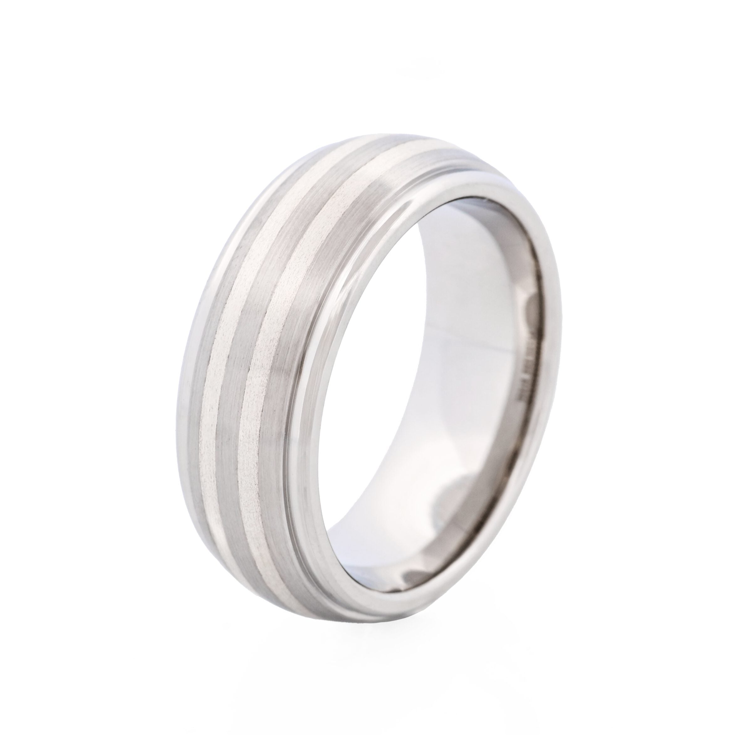 Polished Stainless Steel & Brushed Silver Toned Inlay Ring
