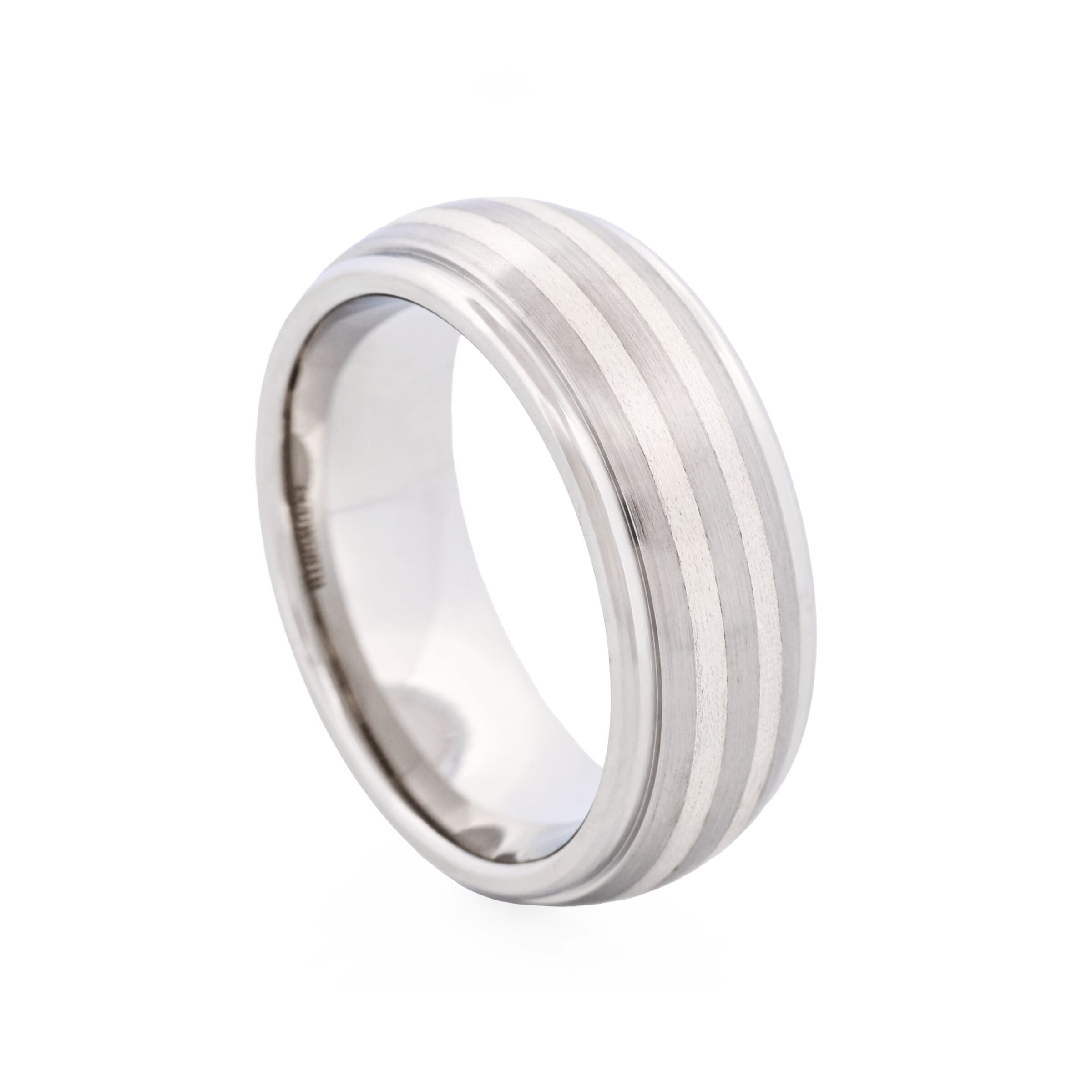Polished Stainless Steel & Brushed Silver Toned Inlay Ring